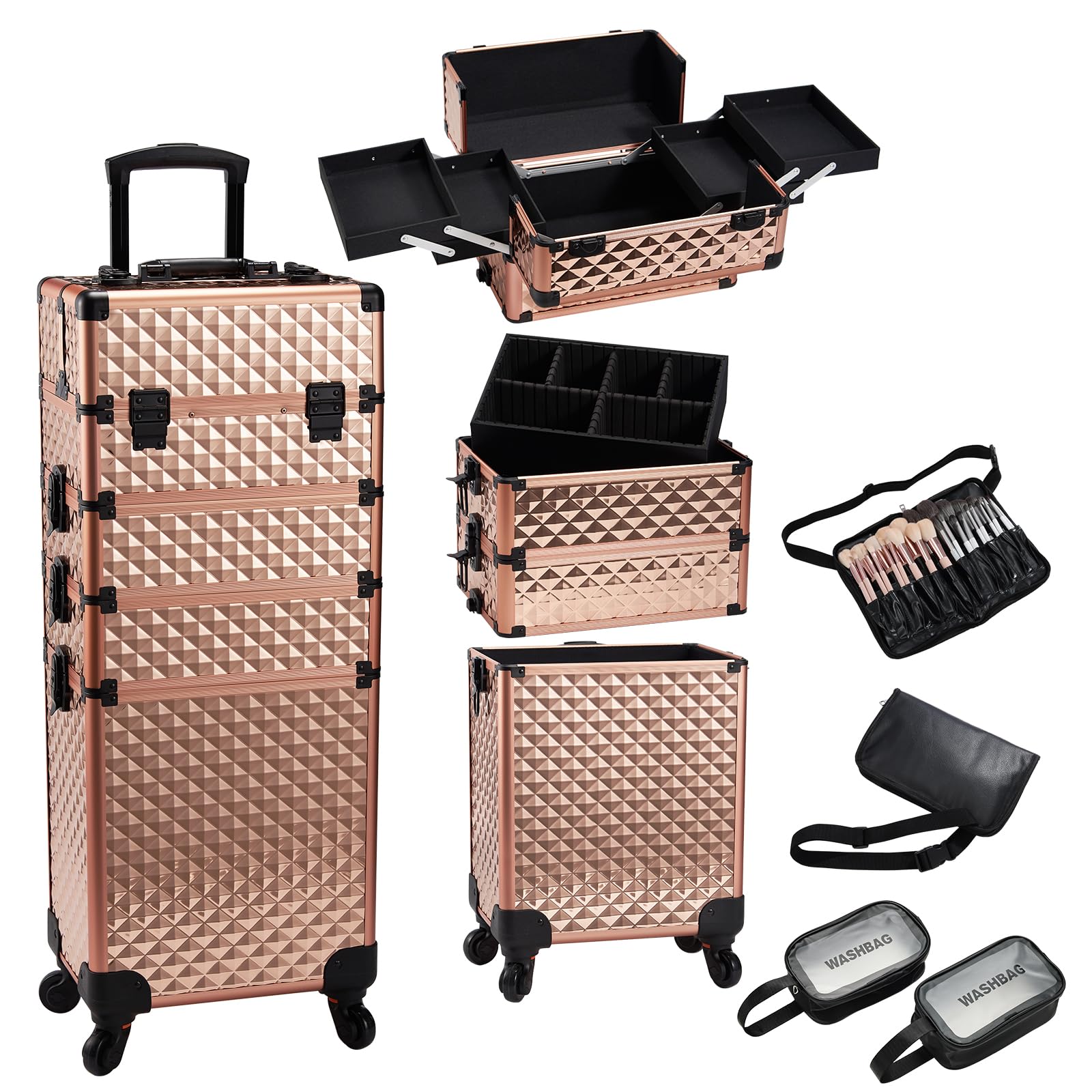 Professional Rolling Makeup Train Case - Large Capacity Cosmetic Organizer with 4-in-1 Storage, Swivel Wheels & Detachable Brush Waist Bag - Perfect for Salon Professionals, Mobile Makeup Artists & Traveling Cosmetologists - Ideal for Makeup Storage, Beauty School, Bridal Services & On-the-Go Stylists