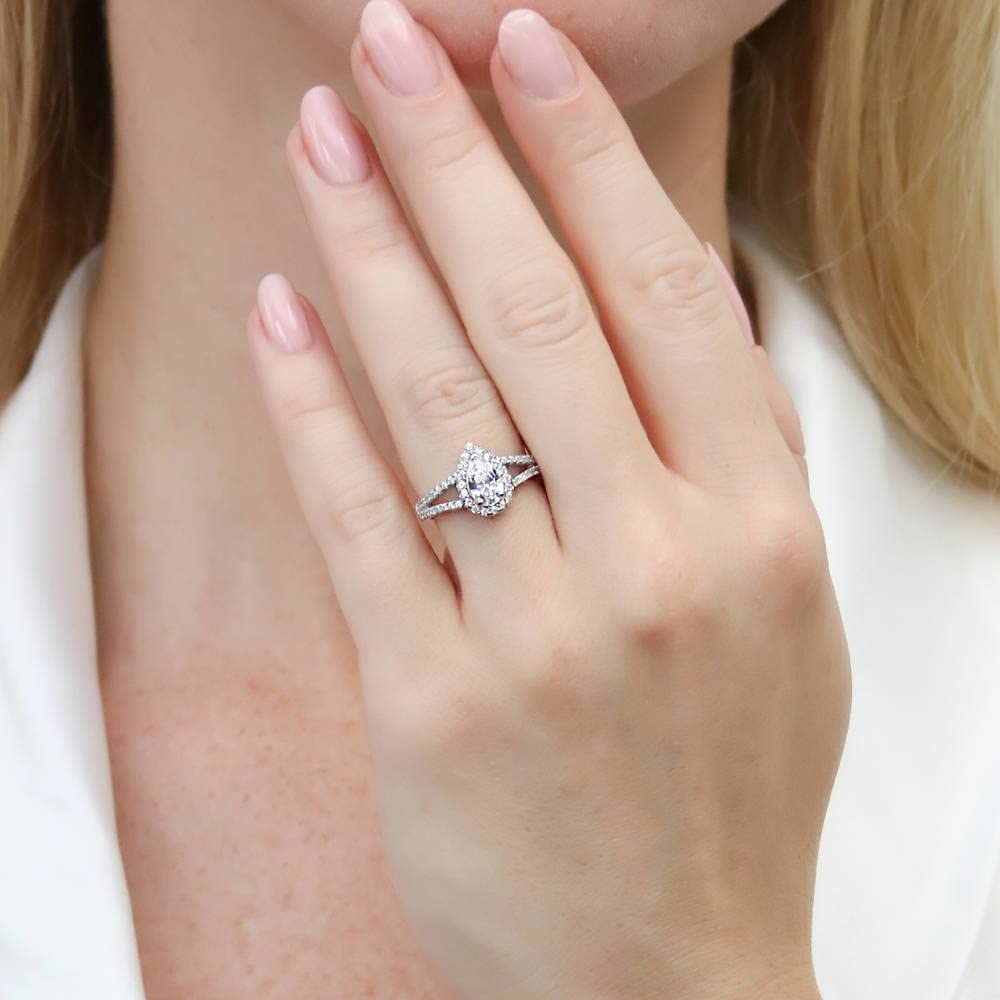 Sterling Silver Pear Cut Cubic Zirconia Halo Engagement Ring Set for Women - Rhodium Plated Wedding Band, Size 4-10 - Perfect for Proposals, Anniversaries & Bridal Jewelry Gifts