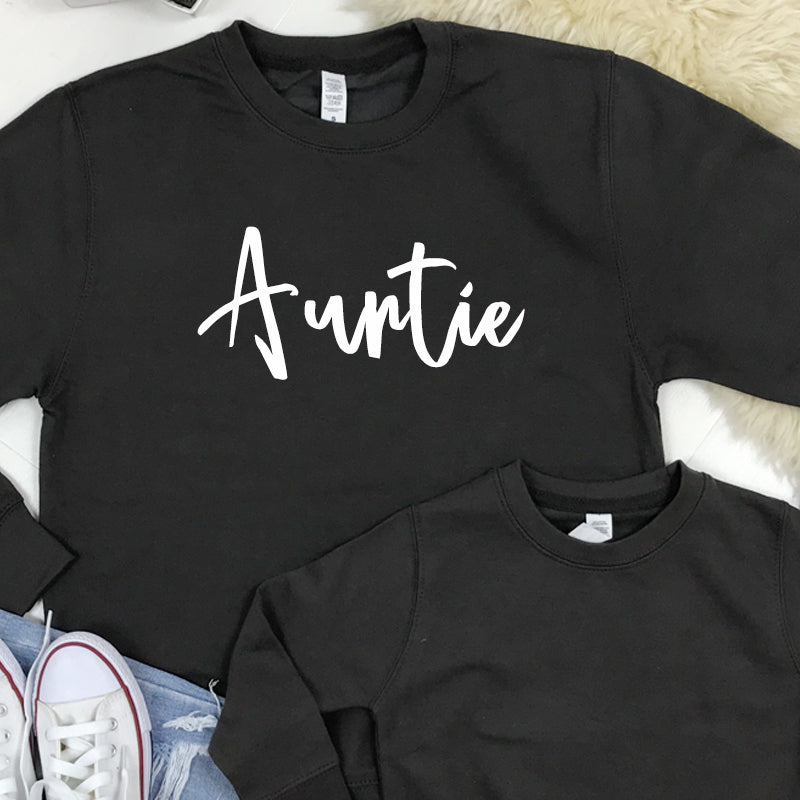 Auntie & Auntie's Bestie Chelsea Script Storm Grey Sweatshirt - Cozy Pullover for Women - Perfect for Casual Outfits, Lounge Wear & Gift Giving