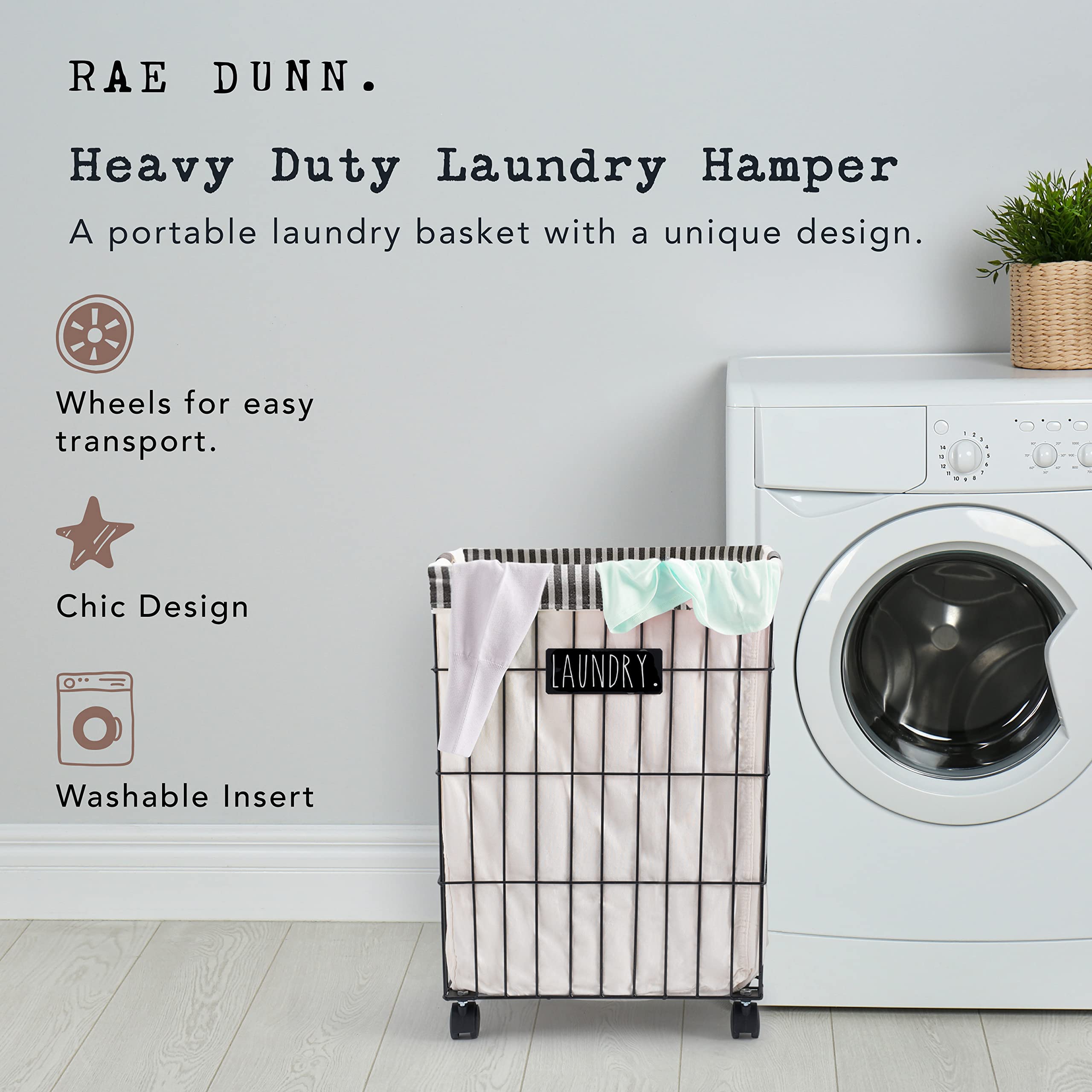 Rae Dunn Heavy Duty Rolling Laundry Hamper - Black Metal Wire Basket with Washable Cloth Liner - Portable Laundry Basket for Bedroom, Dorm, Apartment - Laundry Room Organization Essentials