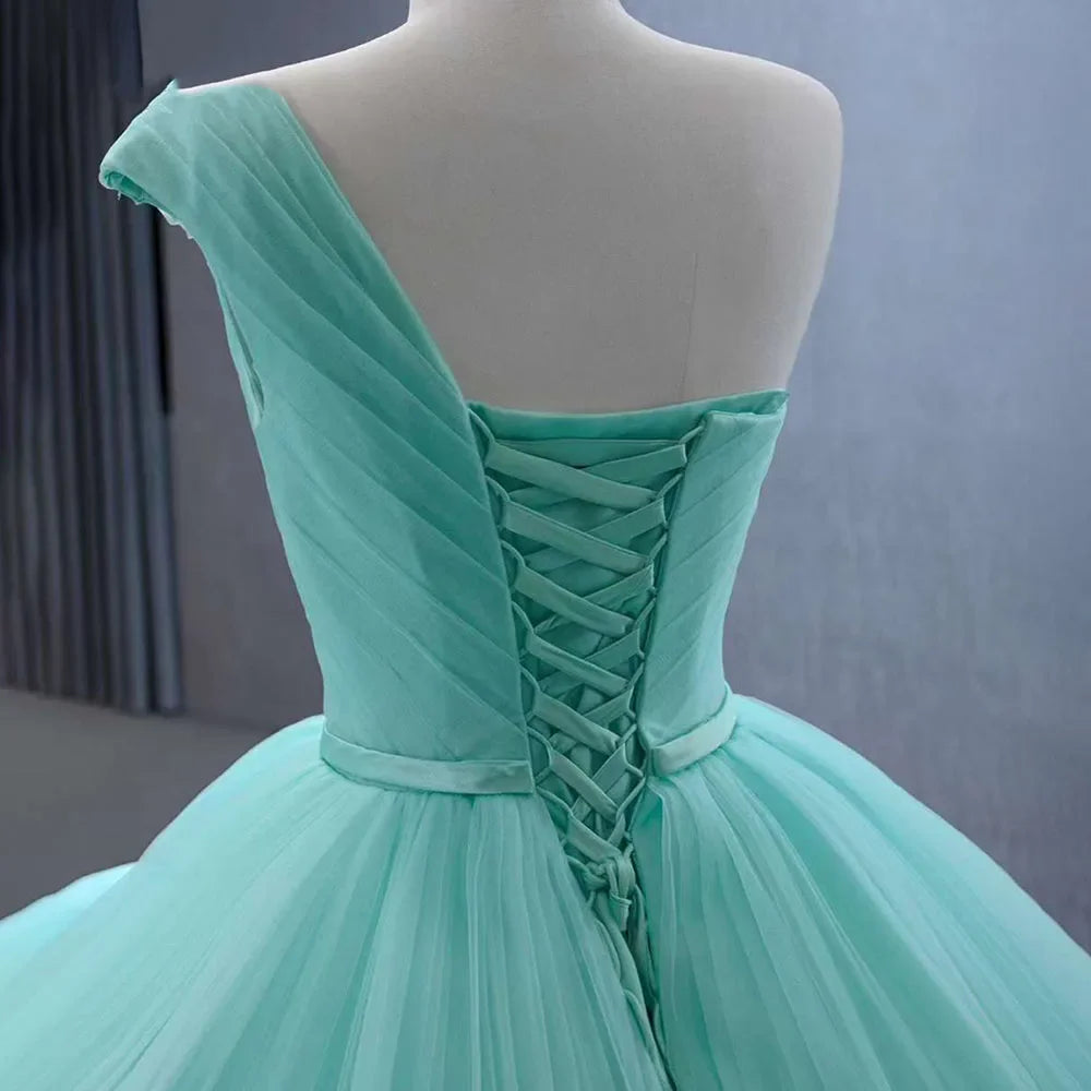 Serene Hill Luxury Custom Light Green One Shoulder Lace-Up Beaded Wedding Ball Gown - Perfect for Bridal Ceremonies, Evening Galas & Formal Events
