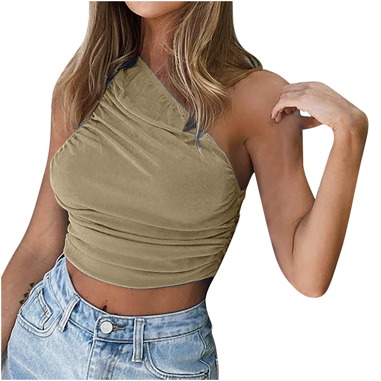 Trendy Women's Summer Solid Color Tank Tops - Casual Sexy One Shoulder Slim Fit Blouses & T-Shirts for Beach, Party, and Everyday Wear