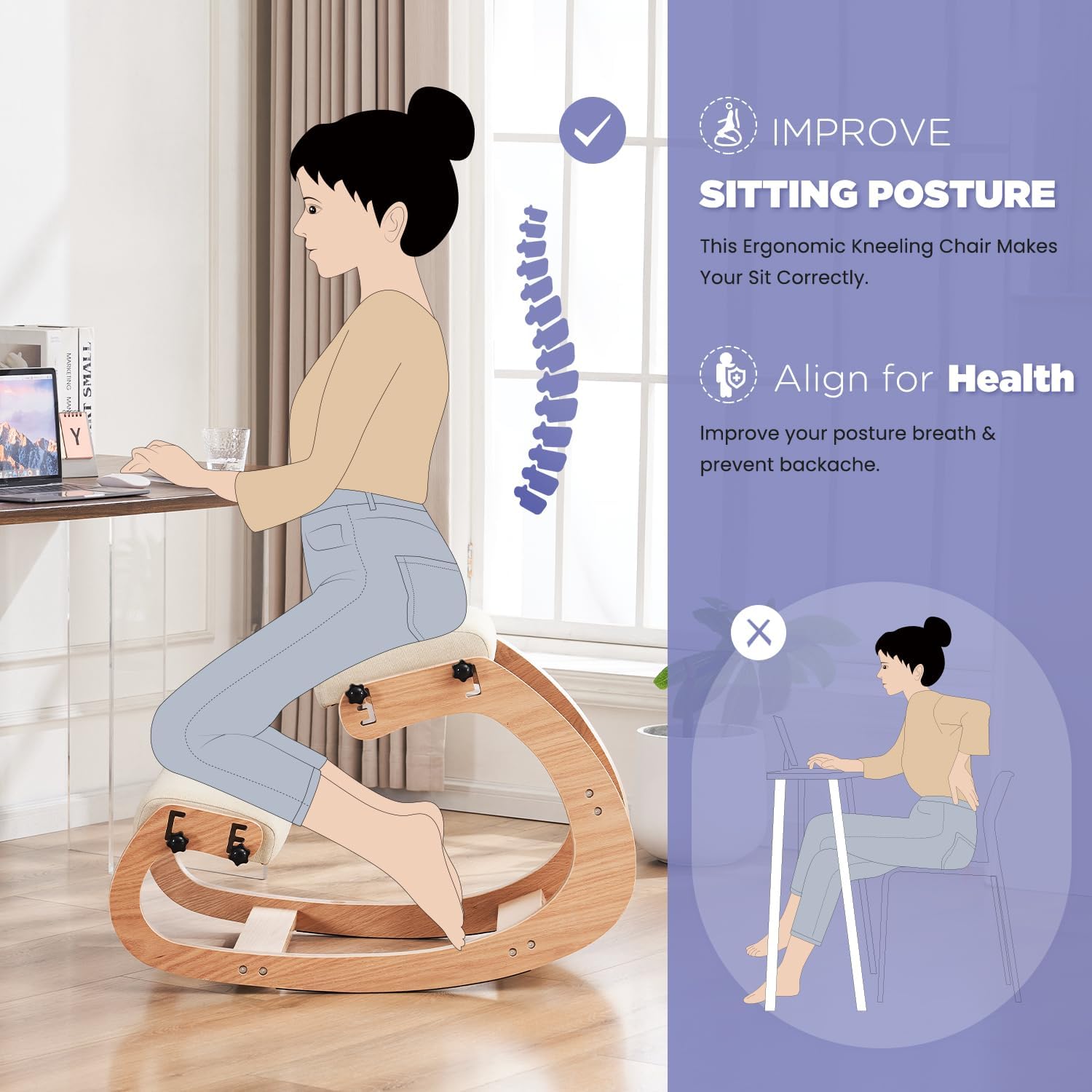 Ergonomic Kneeling Chair - Adjustable Rocking Office Chair for Back Pain Relief, Wooden Home Office Chair with Posture Support - Perfect for Work from Home, Meditation & Reading (Beige)