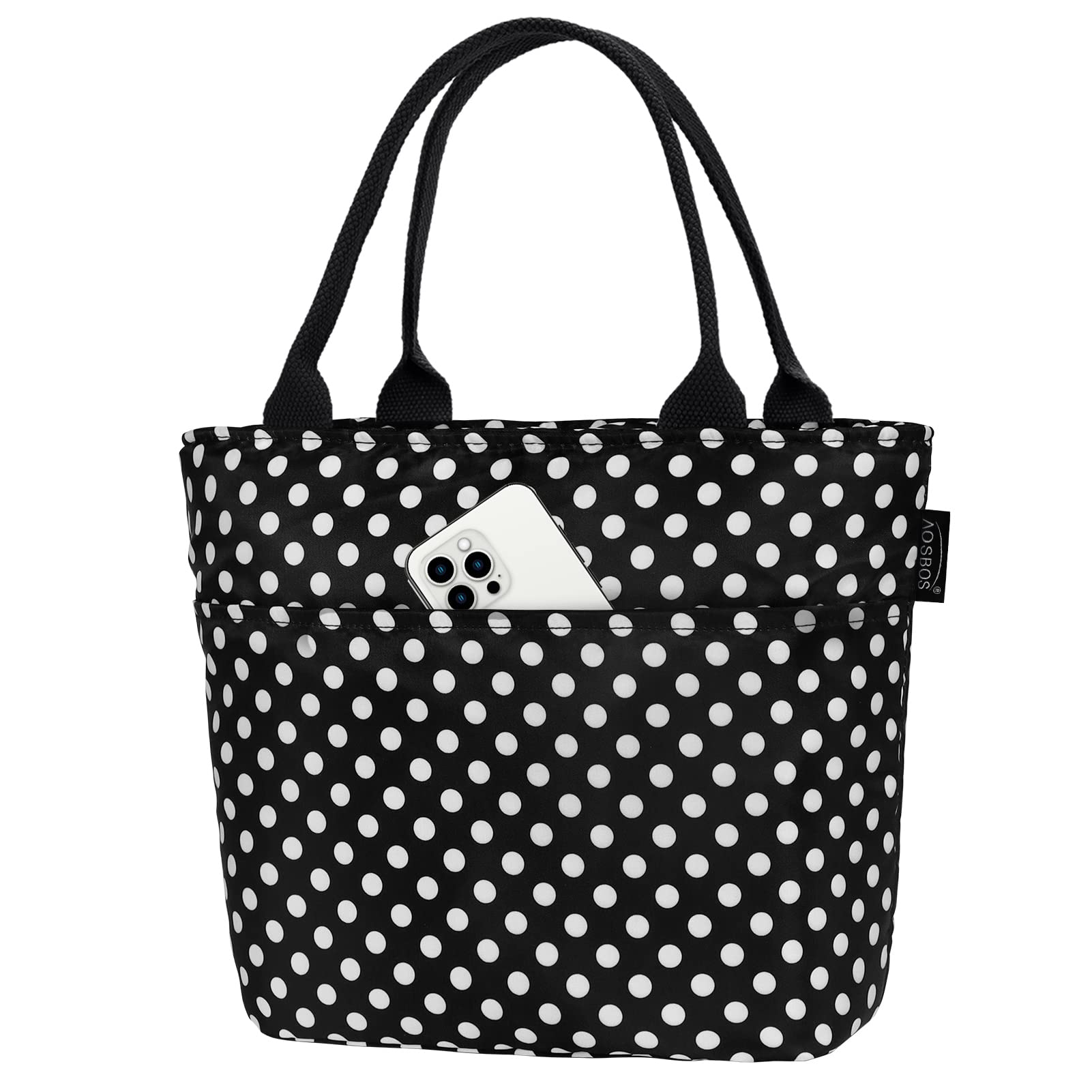 Aosbos Insulated Lunch Box for Women - Stylish Black Polka Dot Lunch Bag for Adults, Meal Prep Tote, Bento Box & Portable Cooler Bag - Perfect for Work, School, Picnics & Outdoor Activities