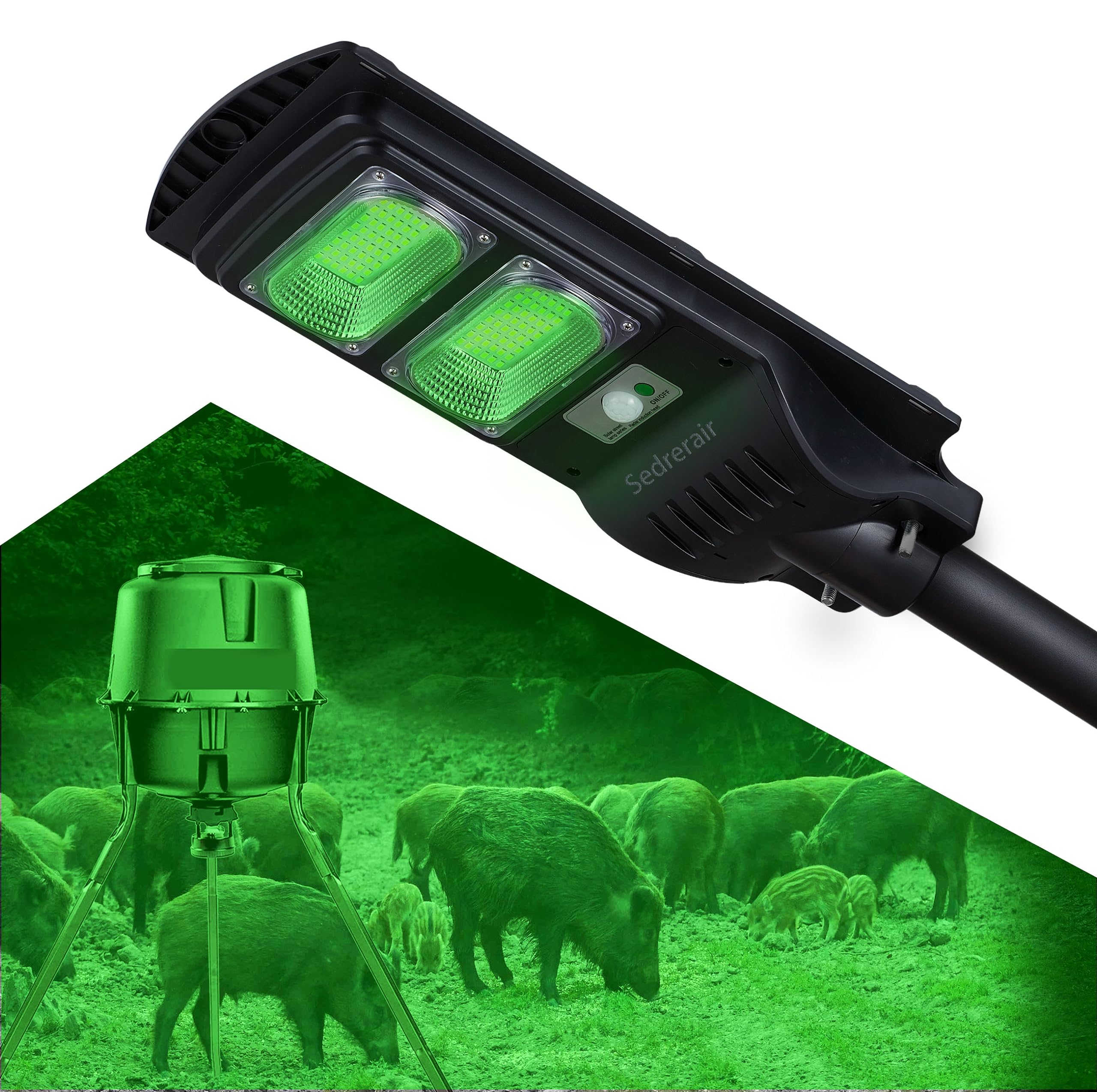**Solar Powered Motion Activated Green Hog Lights for Night Hunting - Deer Feeder Lights & Hunting Accessories - Perfect for Nighttime Hunting, Wildlife Observation, and Outdoor Security**