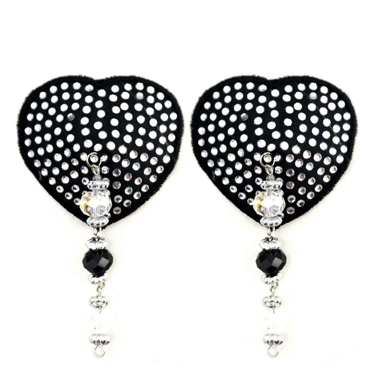 Black Crystal Nipple Pasties with Beads - Elegant Nip Heart Jewelry for Sensual Wear, Burlesque, and Intimate Occasions