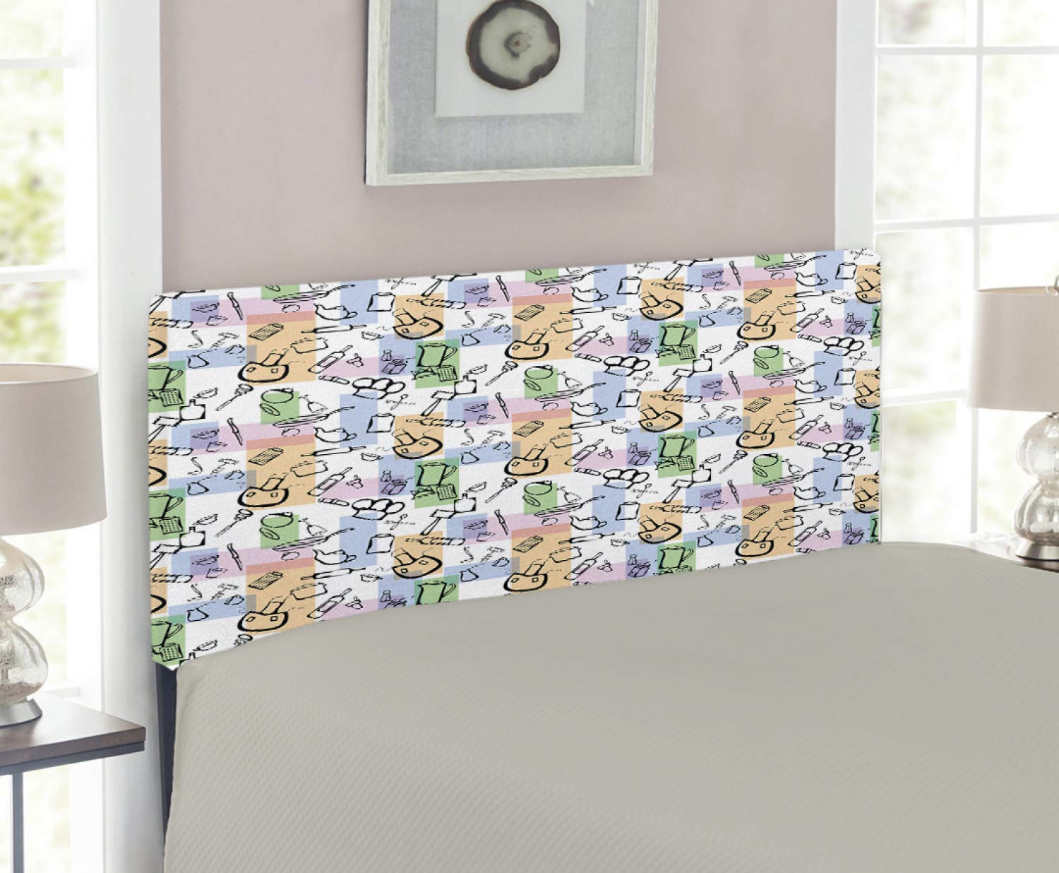 Ambesonne Abstract Upholstered Headboard with Memory Foam - Twin Size Multicolor Decorative Metal Bed Frame - Modern Kitchen & Chef Inspired Design - Perfect for Bedroom Decor, Guest Rooms & Dormitory Style