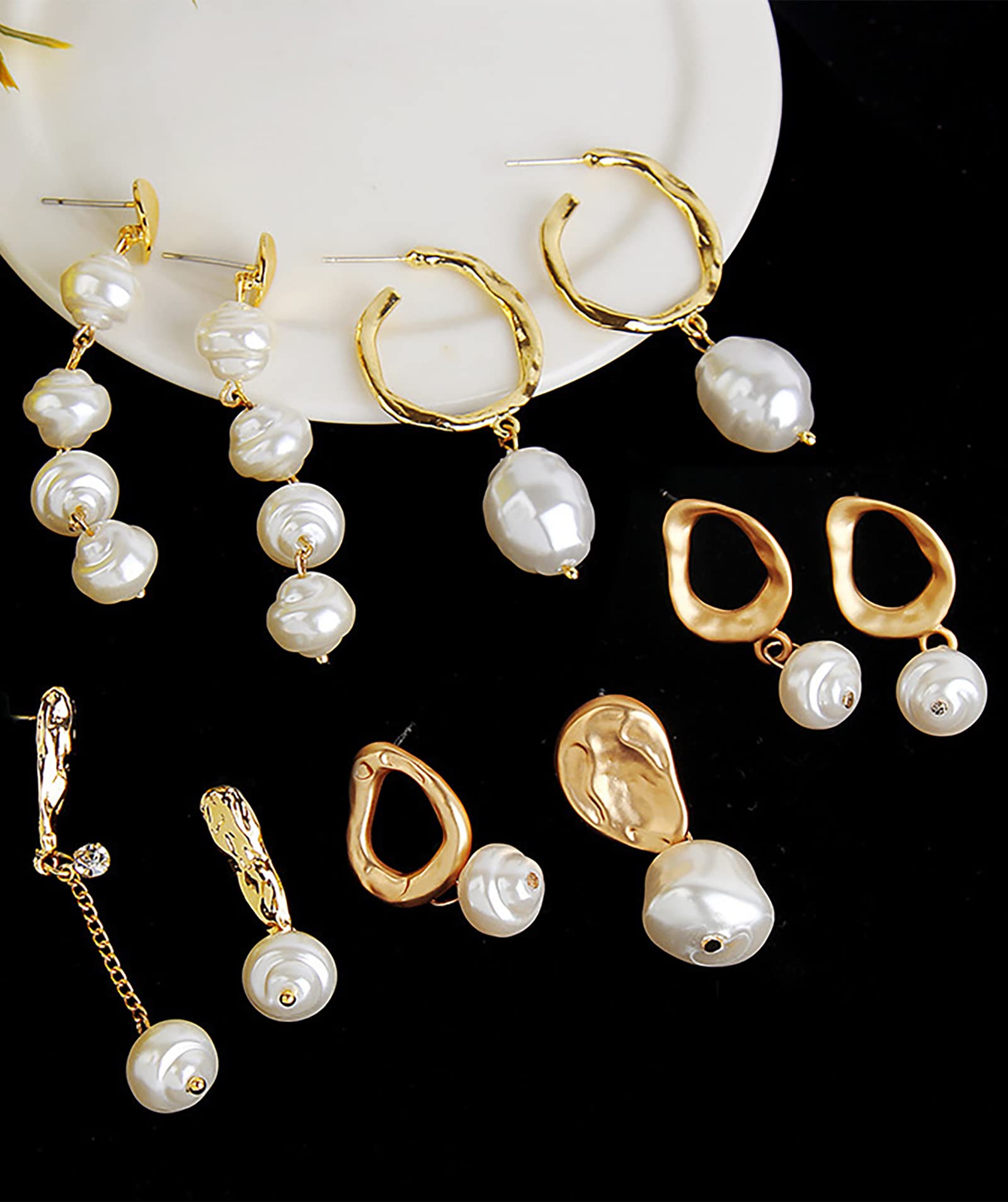 Fxqini 9 Pairs Simulated Pearl Drop Earrings for Women - Elegant Round & Heart Shaped Dangle Earrings with Stainless Steel Backing, Gold Tone Imitation Pearls | Perfect for Weddings, Parties & Daily Wear