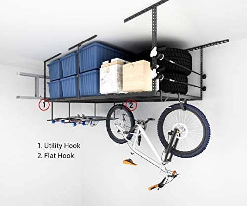 FLEXIMOUNTS 2-Piece Overhead Garage Storage Rack Set with Hooks - Adjustable Ceiling Storage Racks, 96