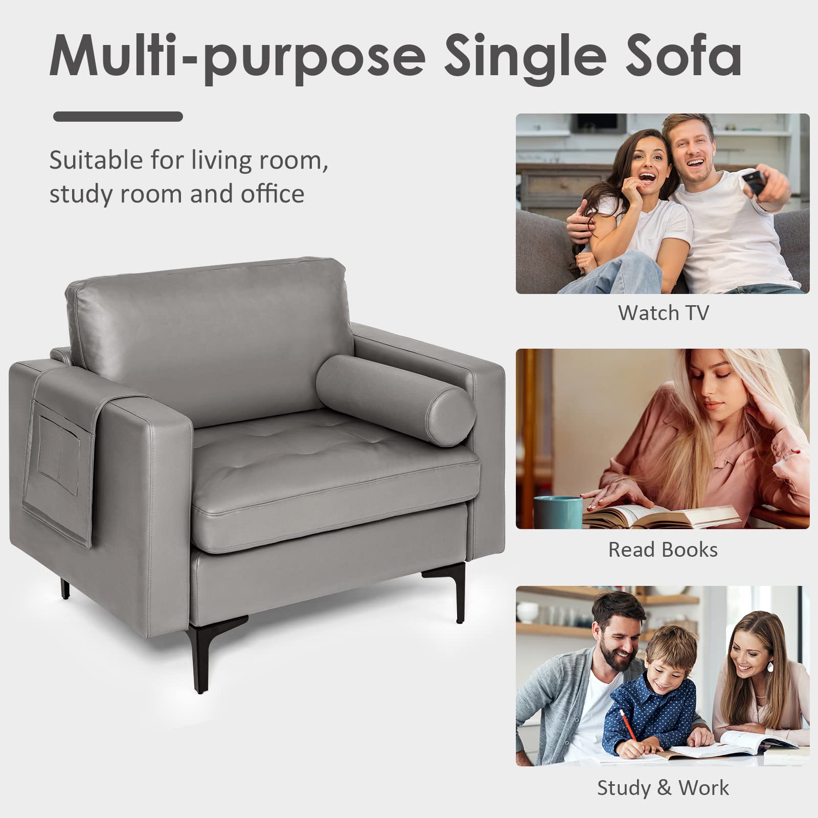 Giantex Set of 2 Single Sofa Chairs with Cushion & Bolster, Upholstered Armchairs with Magazine Pockets - Dark Grey Living Room Furniture for Bedroom, Reception & Leisure Spaces