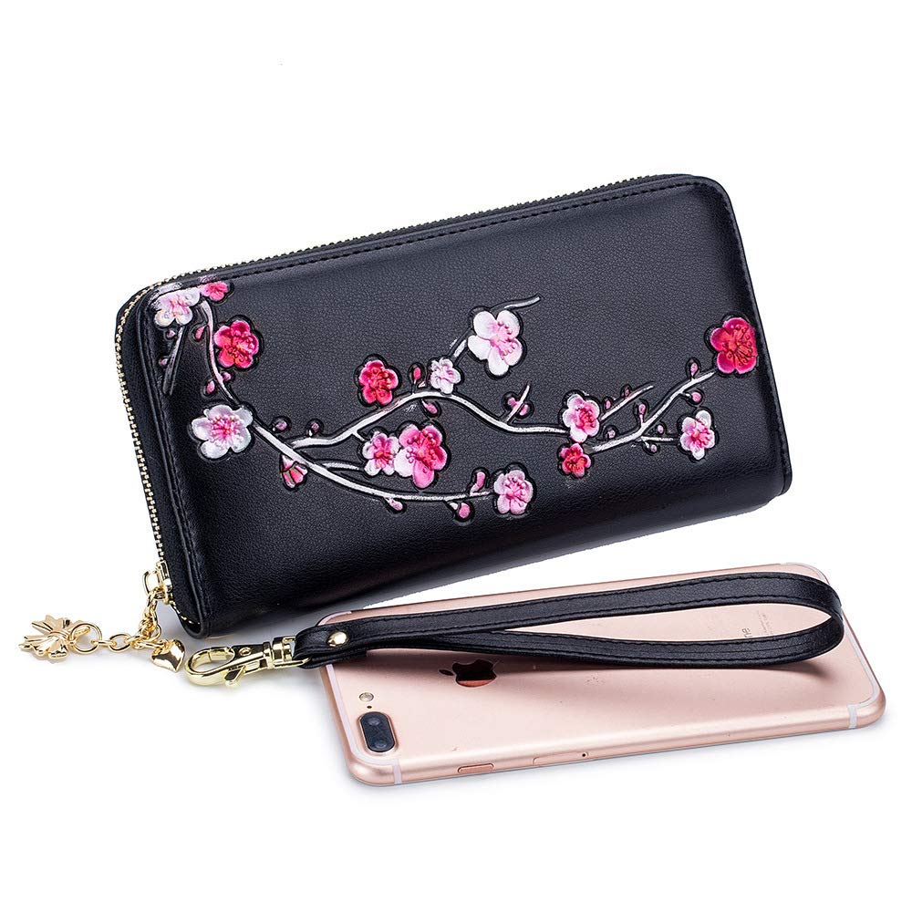 Genuine Leather Wrist Wallet for Women - Blue Embossed Purse with RFID Protection | Perfect for Travel, Shopping & Everyday Use