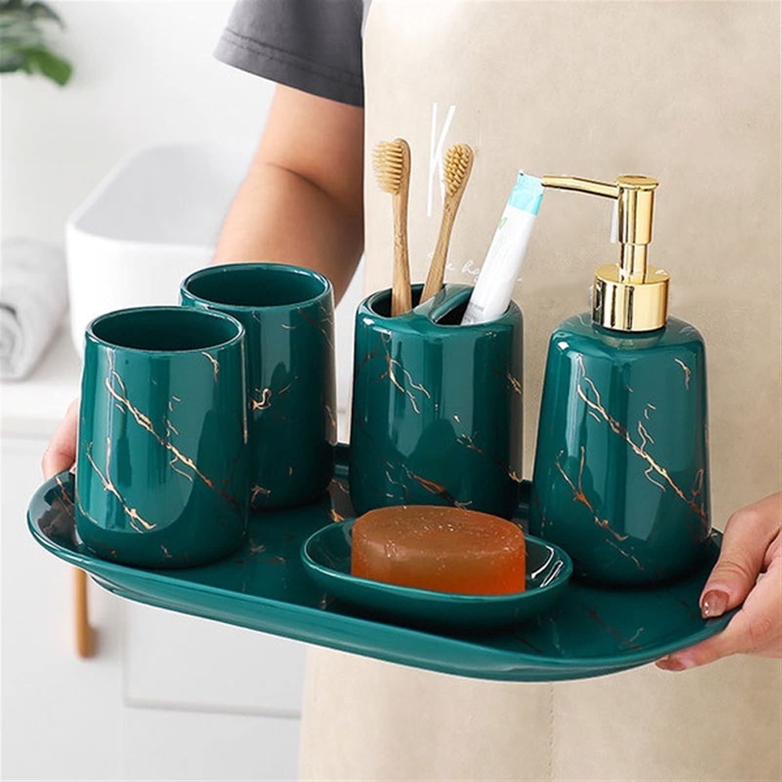 Premium 6-Piece Ceramic Bathroom Accessories Set - Refillable Liquid Soap Dispenser, Toothbrush Holder, Tumbler, Soap Dish & Tray | Elegant Hotel & Home Decor for Bathroom, Restroom, Kitchen Sink Organization