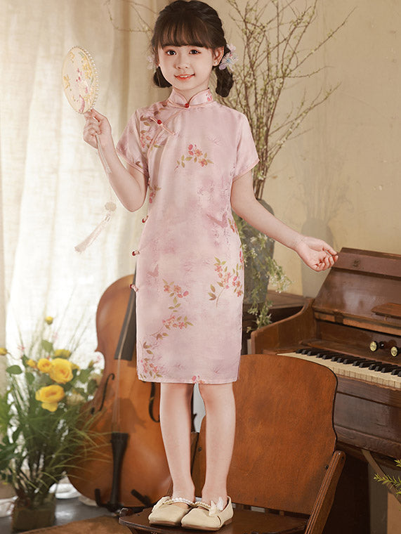 Pink Floral Print Kids Girls Qipao Cheongsam Dress - Traditional Chinese Dress for Girls - Perfect for Chinese New Year, Parties & Cultural Events