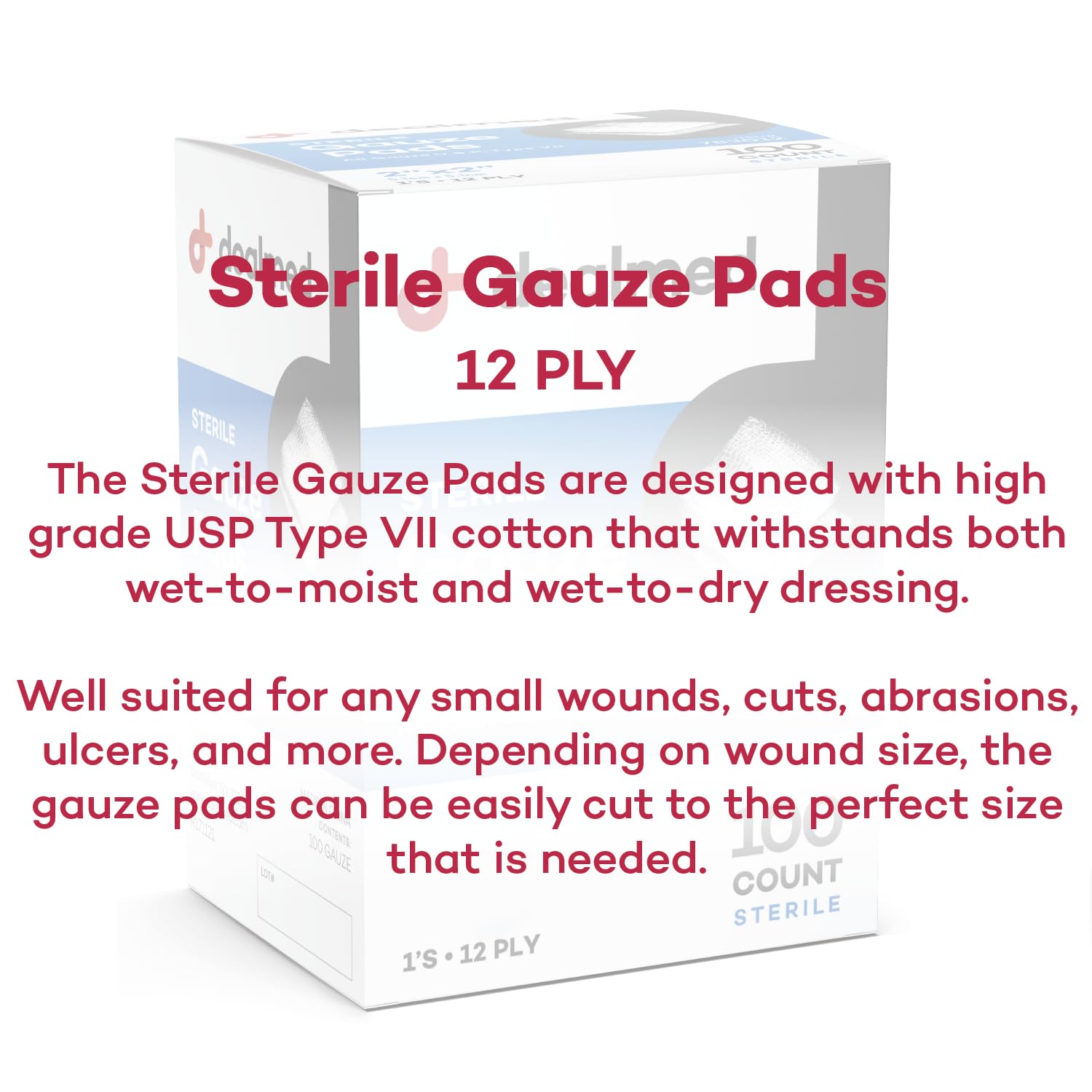 Dealmed 3x3 Inch Sterile Gauze Pads - 100 Count Individually Wrapped Medical Wound Dressing for First Aid, Emergency Care & Hospitals | Perfect for Cuts, Burns, Surgical Wounds & First Aid Kits (24-Pack Case)