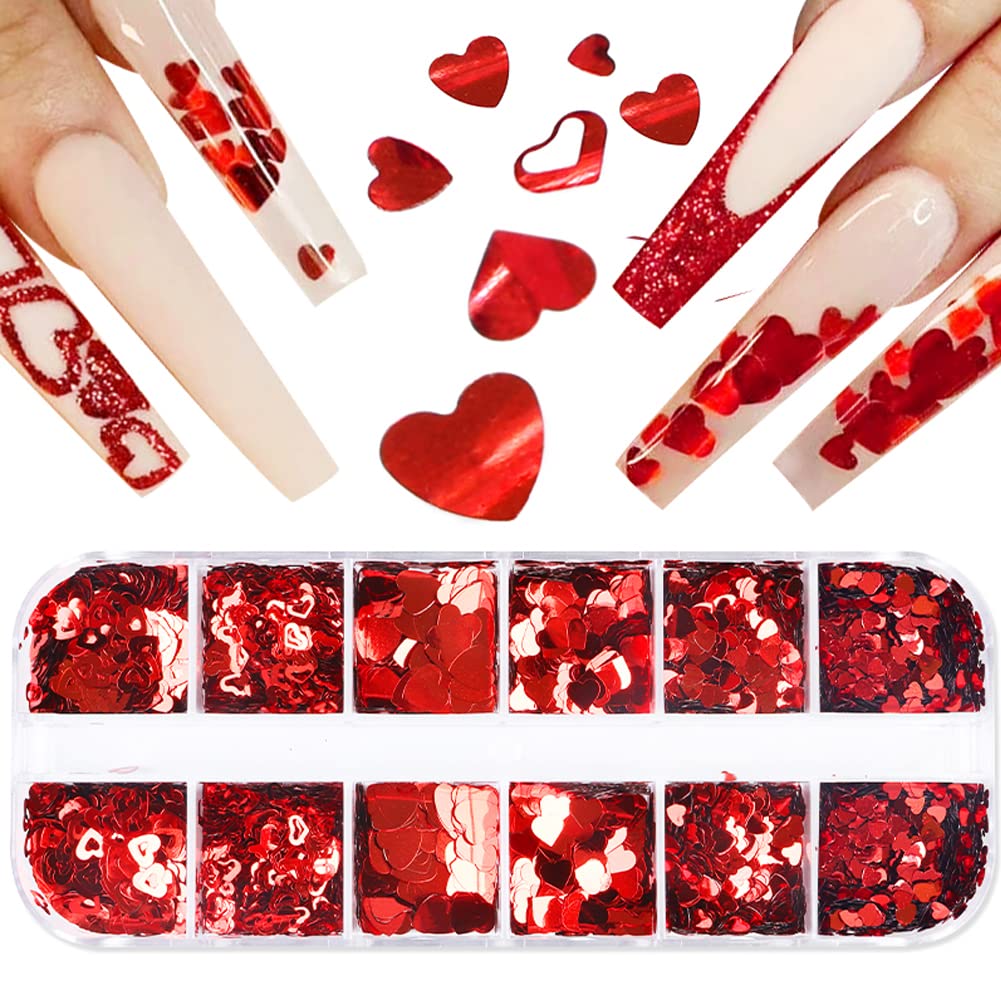 Valentine's Day Heart Nail Art Glitters - Holographic Red Heart Sequins & Flakes for Acrylic Nails - 12 Grid Manicure Decorations Kit - Perfect for Valentine's Manicures, DIY Nail Art & Party Nail Designs
