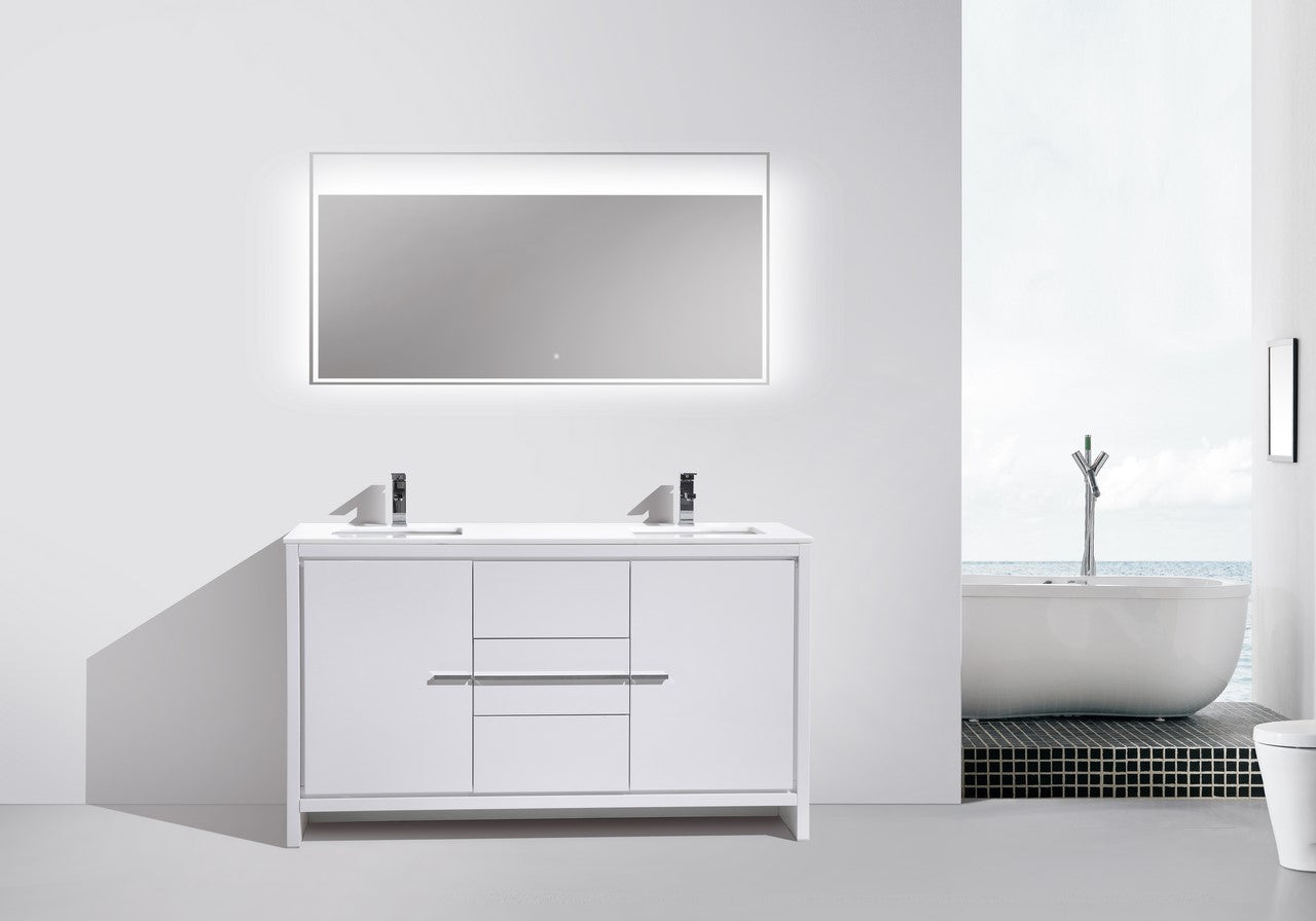 AD60 Double Sink Bathroom Vanity with Gloss White Quartz Countertop - Modern Floor Standing Design for Master Bath & Powder Room Renovation