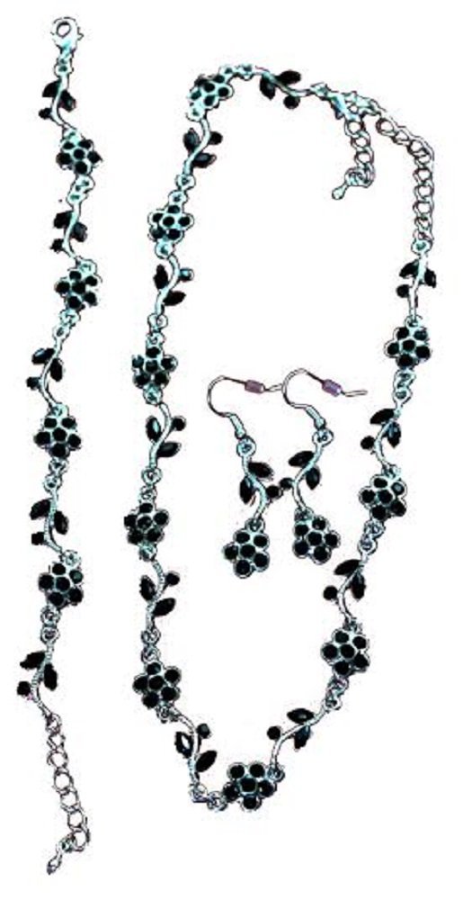 Elegant Silver and Black Floral Jewelry Set - Necklace, Earrings & Bracelet for Women | Perfect for Weddings, Parties & Special Occasions
