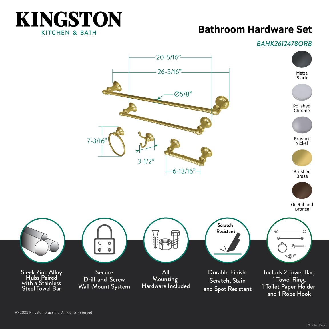 Kingston Brass BAHK2612478ORB Provence 24-Inch Oil Rubbed Bronze Bathroom Hardware Set - Towel Bar, Robe Hook & Toilet Paper Holder for Modern Bathroom Decor