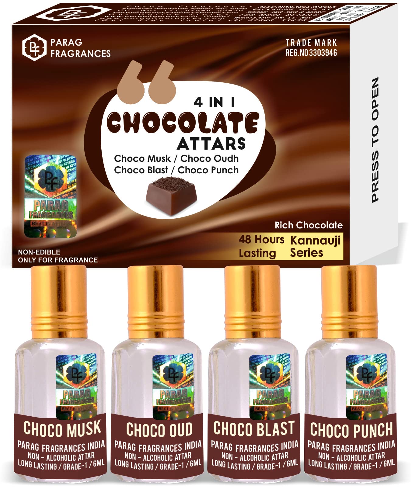Parag Fragrances Unisex Adult Aerosol Chocolate Perfume Set - 4 in 1 (Choco Musk, Chocolate Musk, Choco Oudh, Choco Blast & Choco Punch) | 48 Hours Long Lasting Attar | Perfect for Daily Wear, Special Occasions & Gift Giving