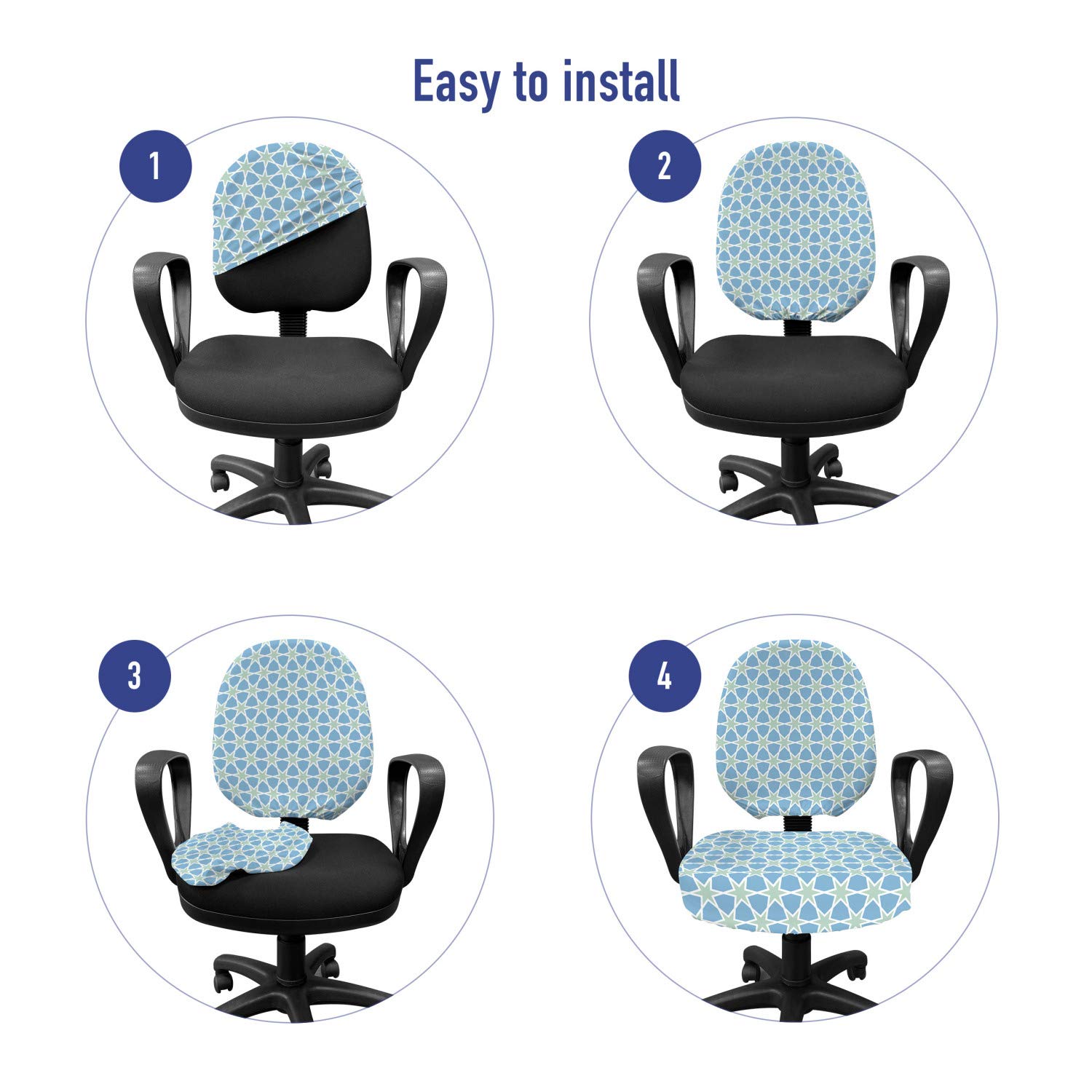 Ambesonne Moroccan Office Chair Slipcover - Mosaic Pattern Zellige Art Stars Design, Stretchable & Washable Fabric Cover, Standard Size (Green Blue White) for Home Office, Living Room, or Study Decor