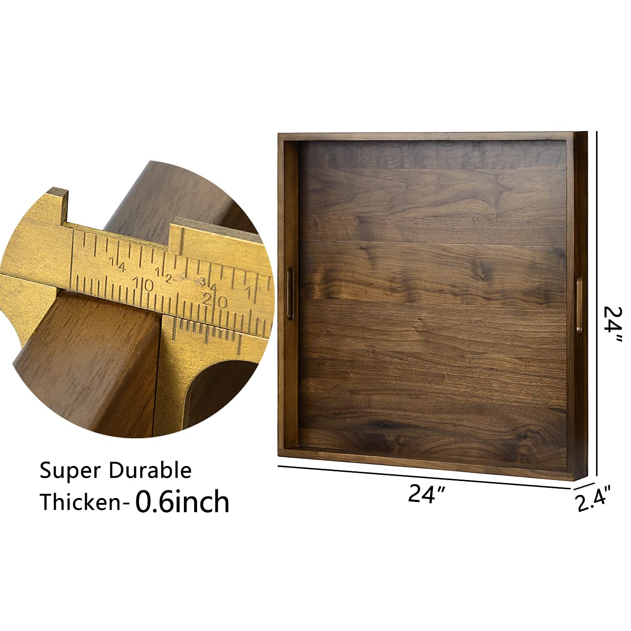 24x24 Inches Black Walnut Extra Large Ottoman Tray - Solid Wood Serving Tray with Handles for Coffee Table, Ottoman & Living Room - Perfect for Entertaining, Decor & Organizing