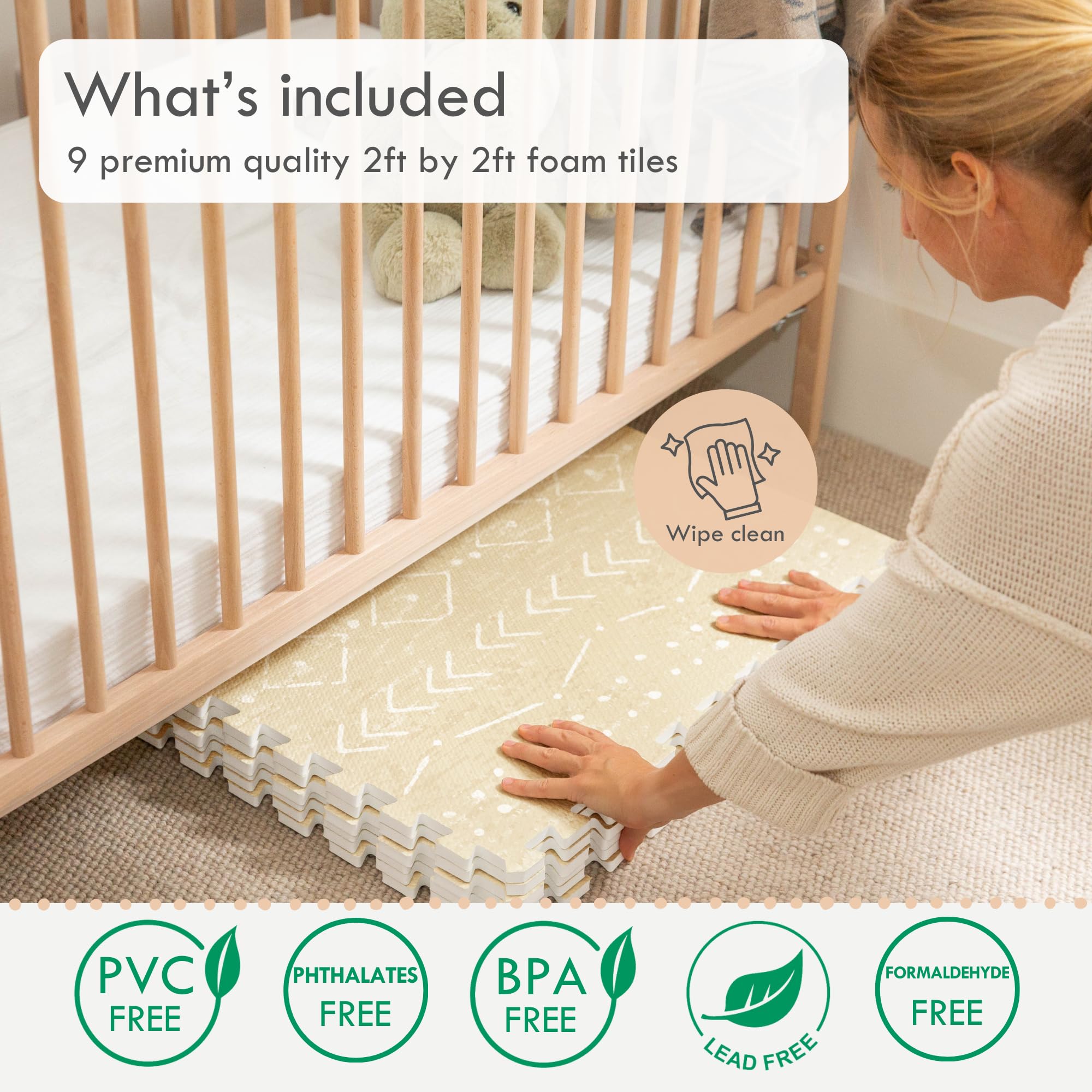 Lillefolk Soft Thick Non-Toxic Foam Play Mat for Babies - 6ft x 6ft Large Interlocking Puzzle Tiles for Tummy Time, Crawling & Nursery Flooring (Beige, 9 Tiles) - Perfect for Playrooms, Daycares & Safe Baby Play Areas