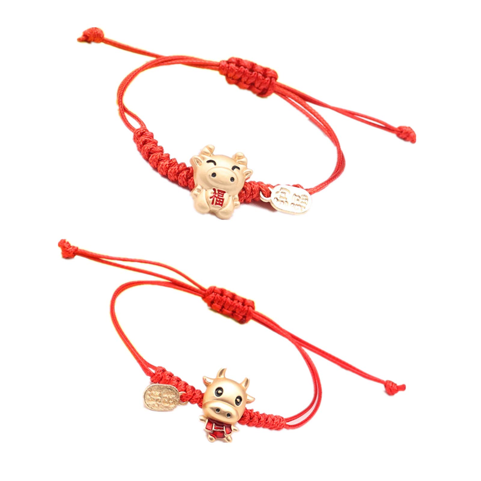 2 Pcs Red Chinese Zodiac Cow Charm Bracelet - Adjustable Knot String Bracelet for Protection & Good Luck - Traditional Year of the Ox Jewelry Gift for New Year, Birthday, Festival Celebration (Chinese Culture Inspired)
