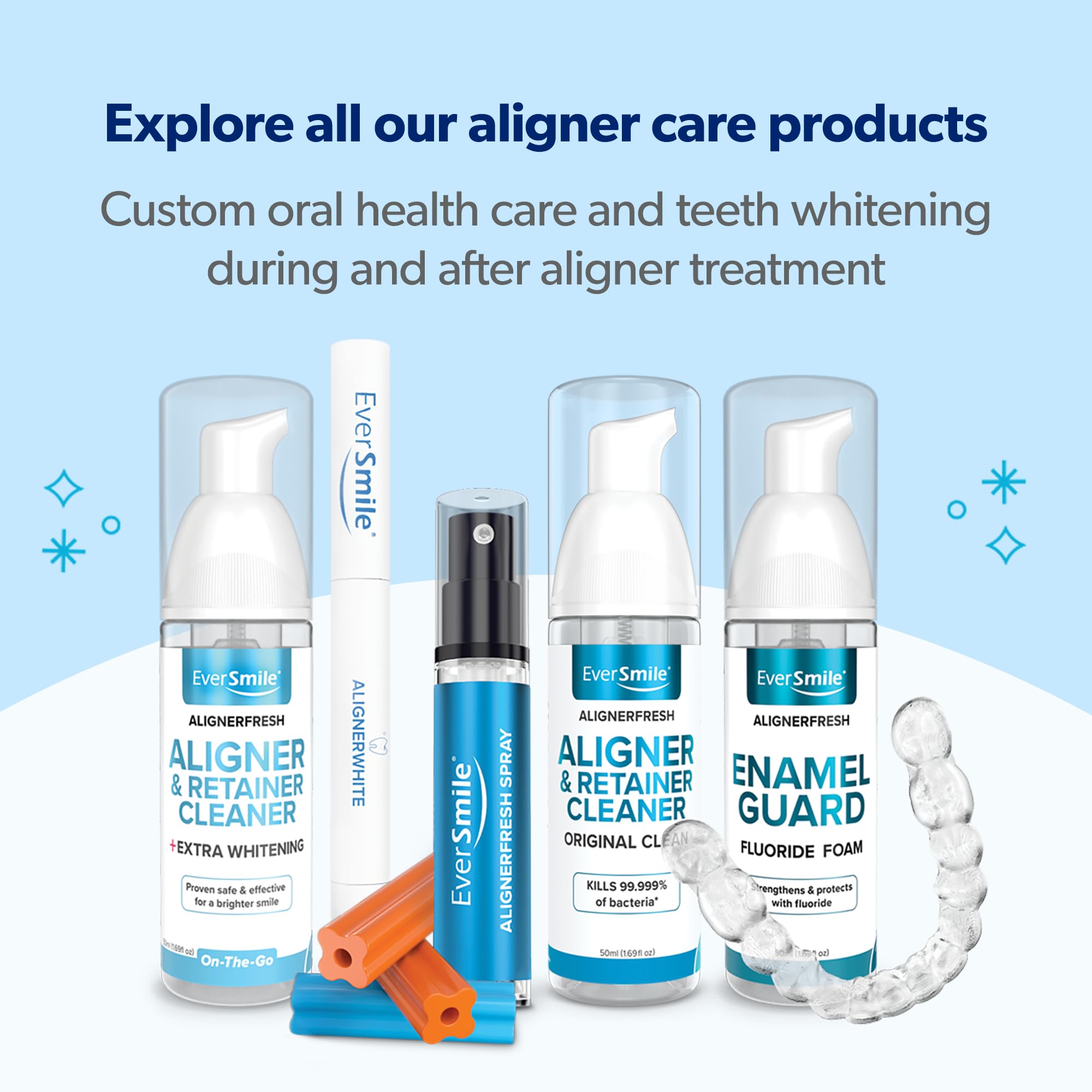 EverSmile AlignerFresh Original Clean Foam - Invisalign & Clear Aligner Compatible Teeth Whitening Foam - Removes Bacteria, Whitens Teeth, Fights Bad Breath - 50ml (4 Pack) - Perfect for Travel, Daily Oral Care & Invisible Braces Maintenance