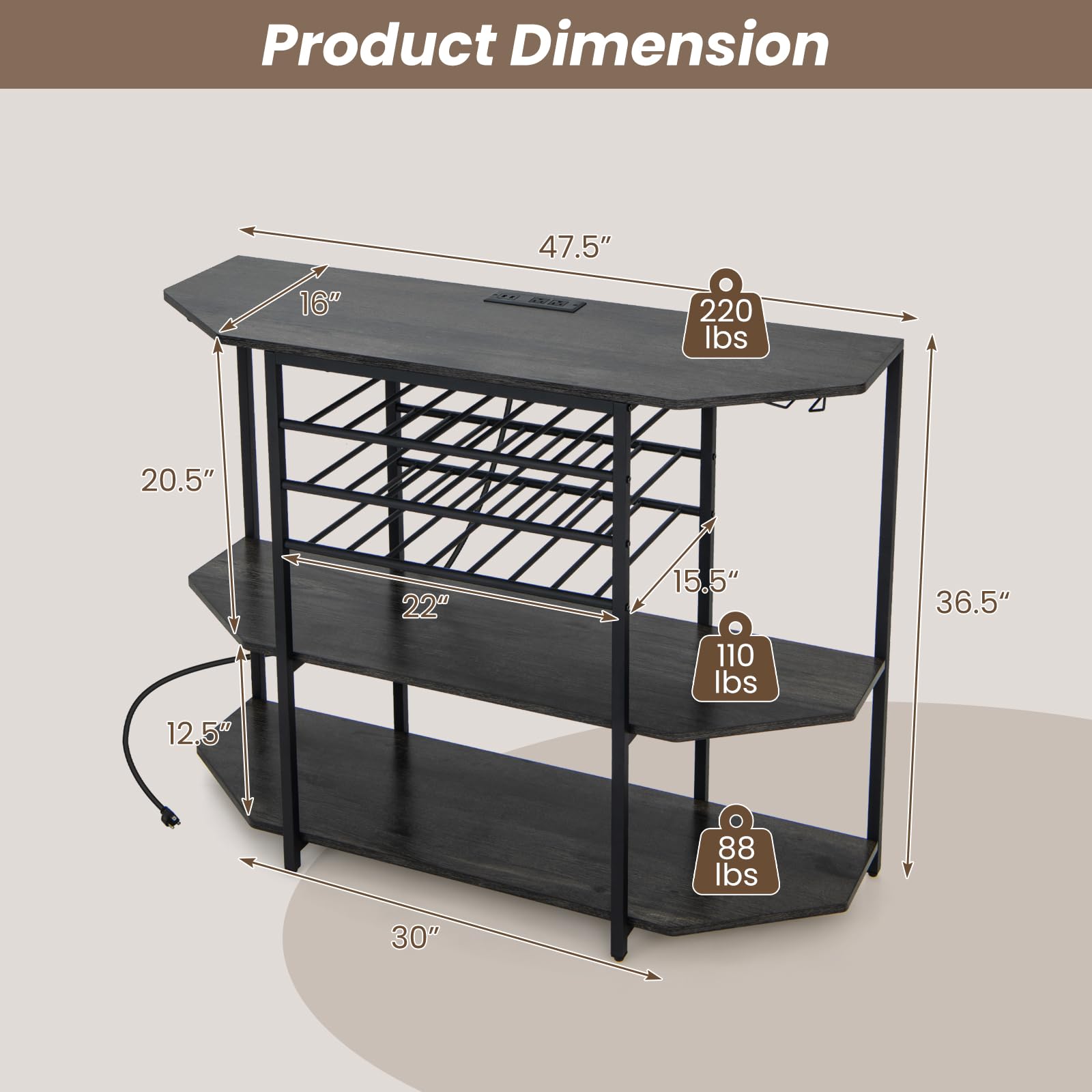 Giantex Industrial Bar Table Cabinet with Power Outlet & USB Port - 21 Bottle Wine Rack & Glass Holder - 3-Tier Mini Coffee Bar Stand for Liquor Storage - Perfect for Kitchen, Dining Room & Home Bar Organization