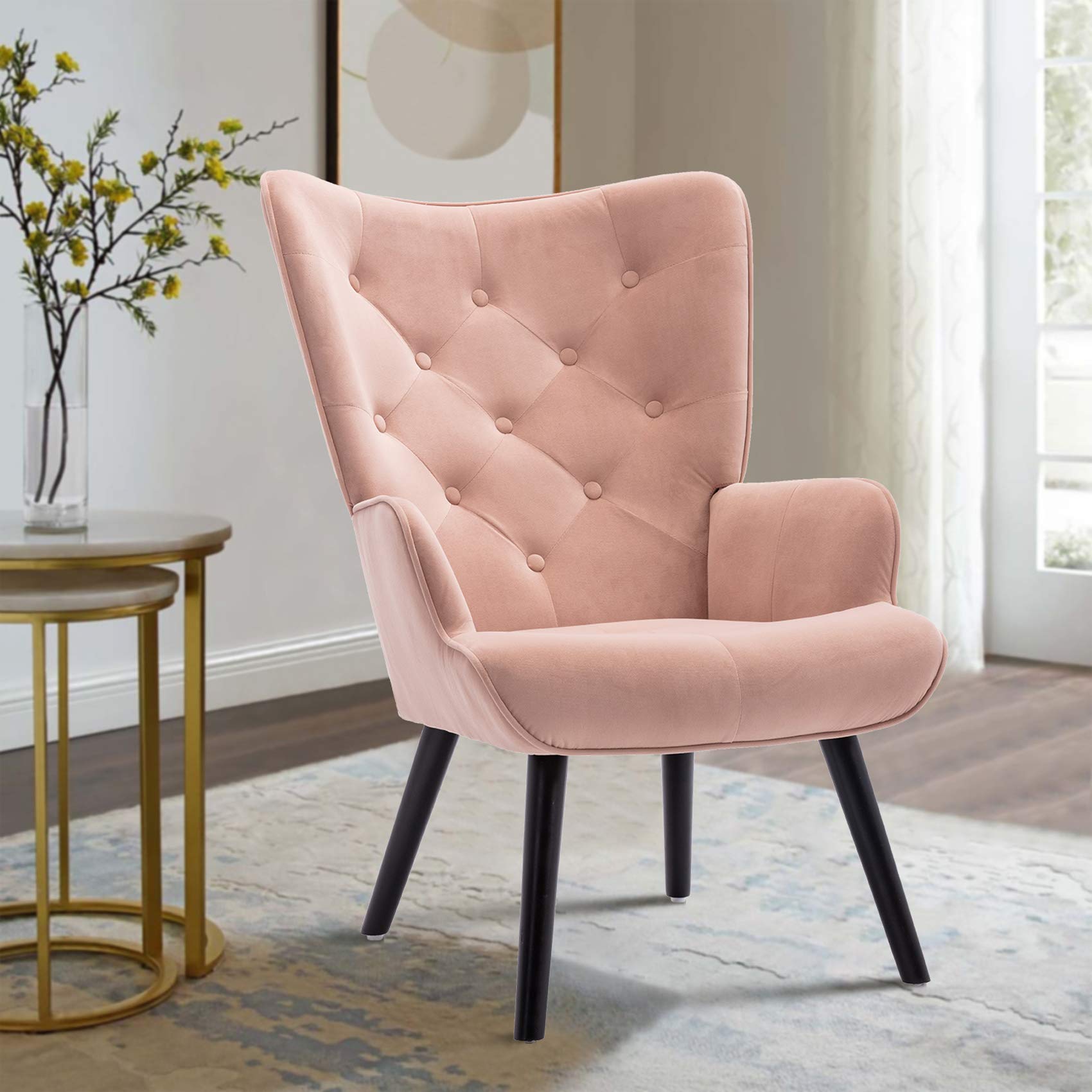 Luxury Velvet Accent Chair - Modern Tufted Button Wingback Vanity Chair with Arms & Solid Wood Legs - Upholstered Tall Back Desk Chair for Living Room, Bedroom, Office Waiting Room (Dusty Pink) - Perfect for Home Decor, Reading Nook & Guest Seating
