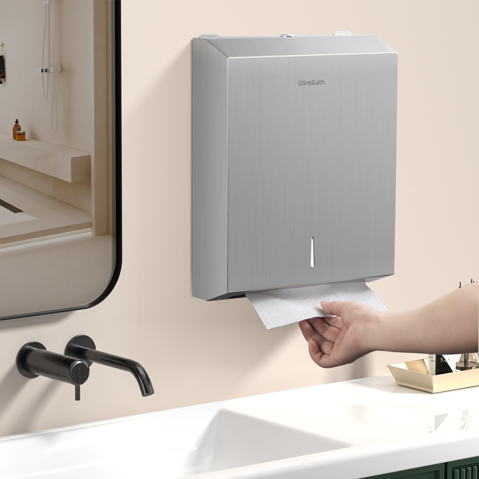 GlintGath Commercial Touchless Trifold Paper Towel Dispenser - 304 Stainless Steel Wall Mount Paper Towel Holder for Bathroom & Restroom - Brushed Finish for Office, Kitchen & Public Spaces