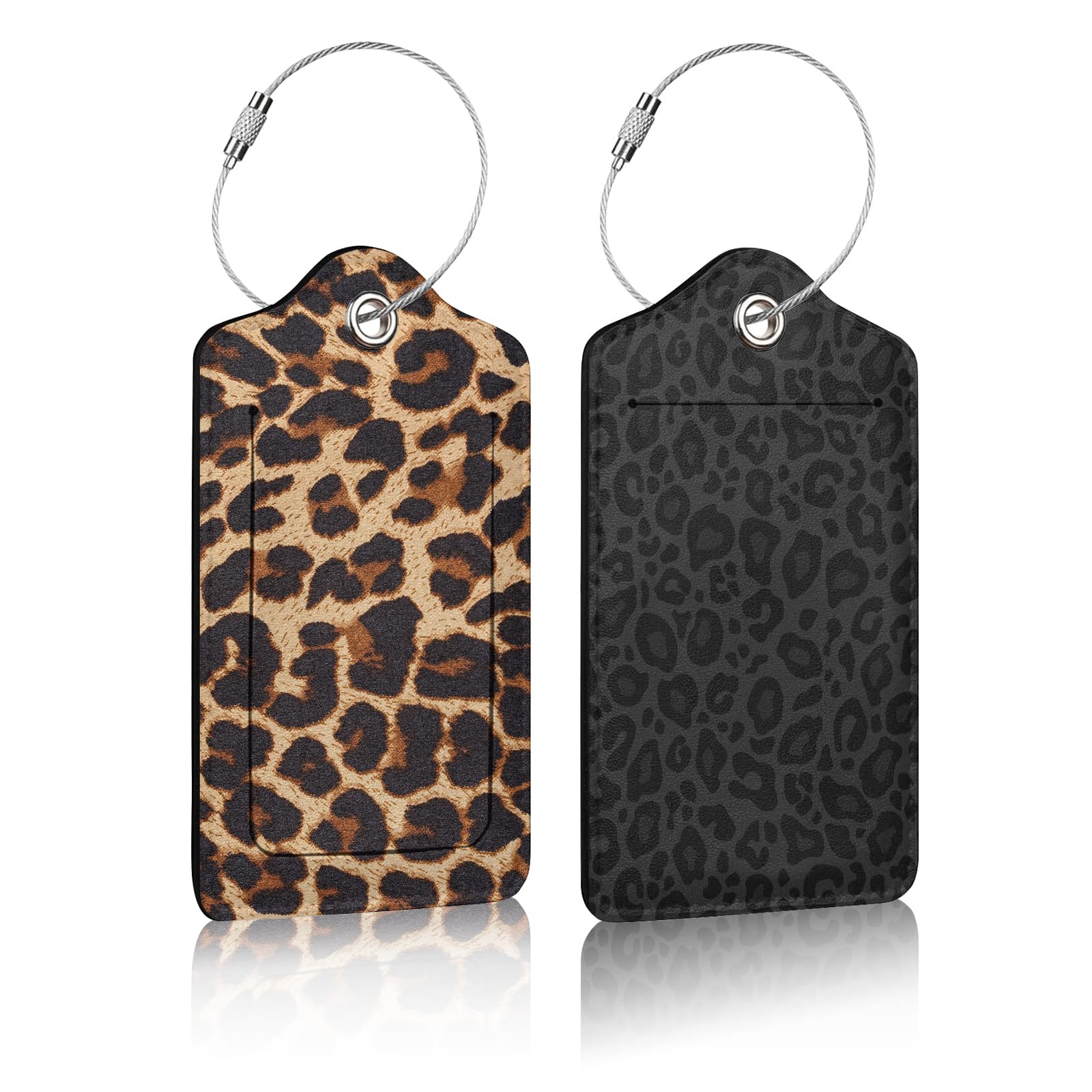 2 Pack Leopard Print PU Leather Luggage Tags with Privacy Cover - Durable ID Labels for Suitcases, Travel Bags & Backpacks - Perfect for Women, Men, Cruise Vacations & School Use