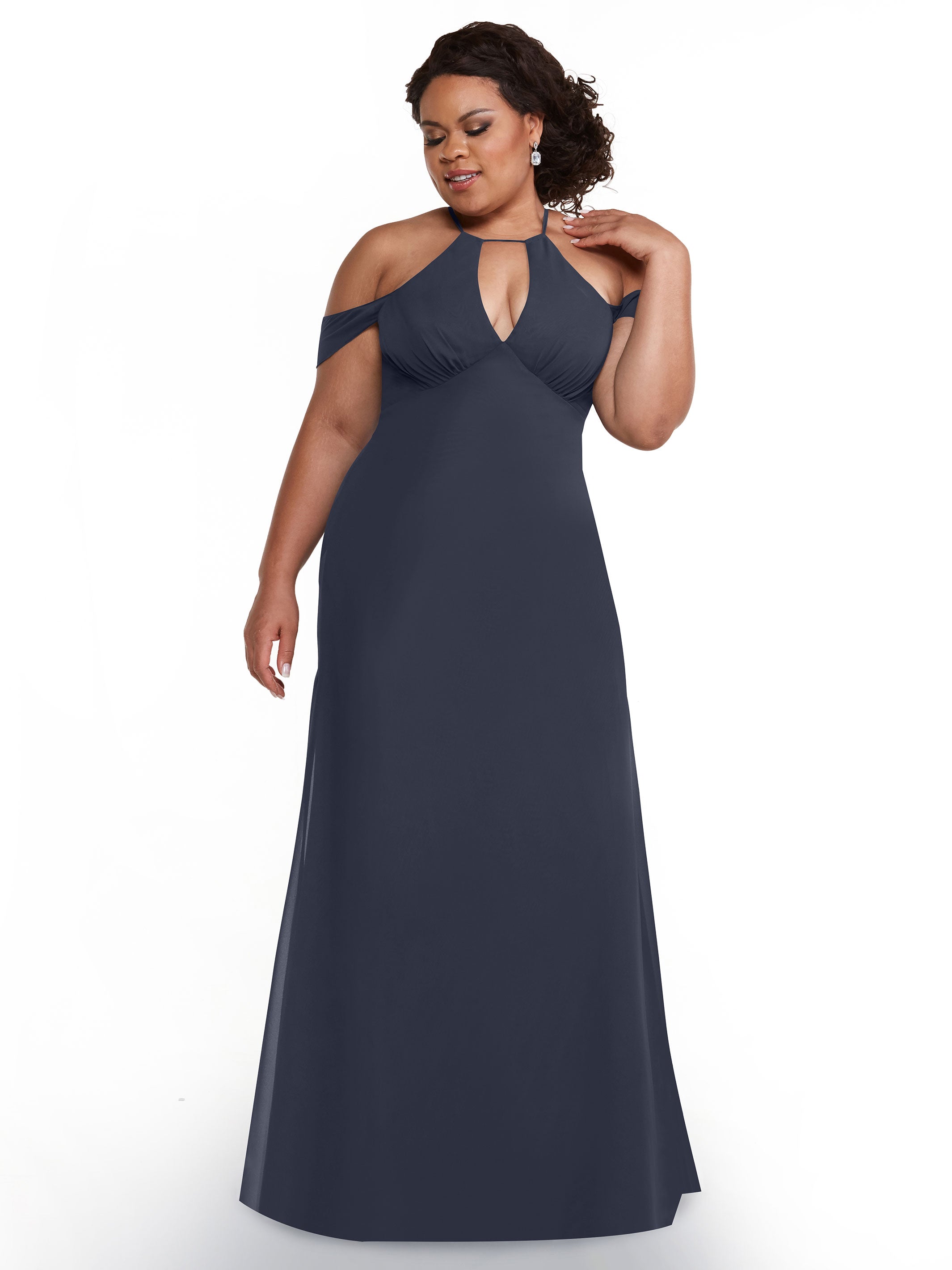 Elegant Off The Shoulder Chiffon Bridesmaid Dress with Halter Neckline - Perfect for Weddings, Formal Events & Special Occasions