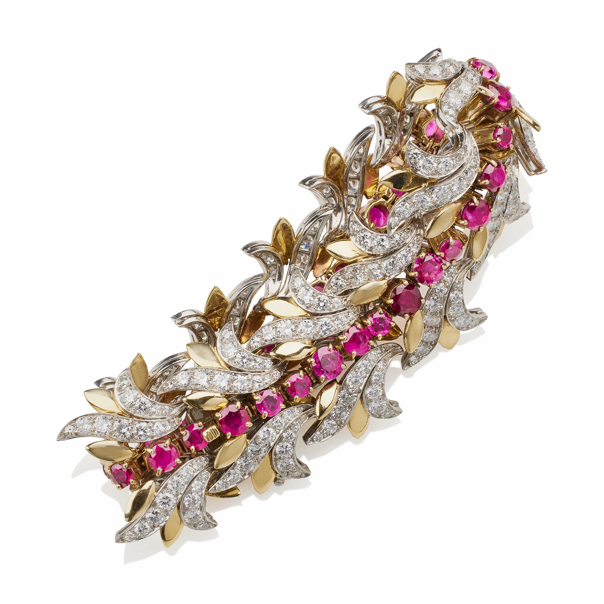 Tiffany & Co. Authentic Burmese Ruby and Diamond Leaf Bracelet - 18K Gold Luxury Jewelry for Women, Perfect for Weddings, Anniversaries & Special Occasions