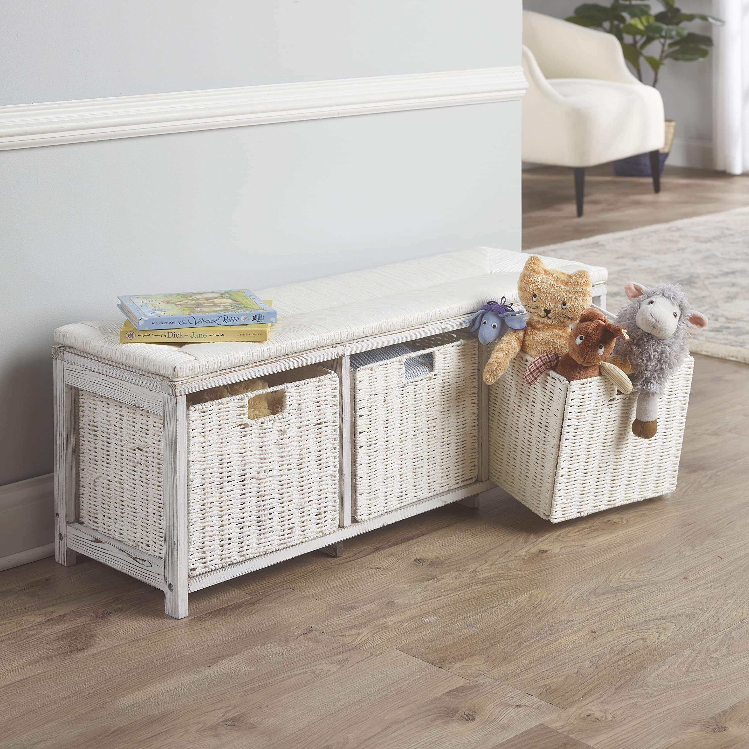 Badger Basket White Toy Storage Bench for Kids with Woven Top & 3 Collapsible Baskets - Perfect for Nursery, Playroom & Bedroom Organization