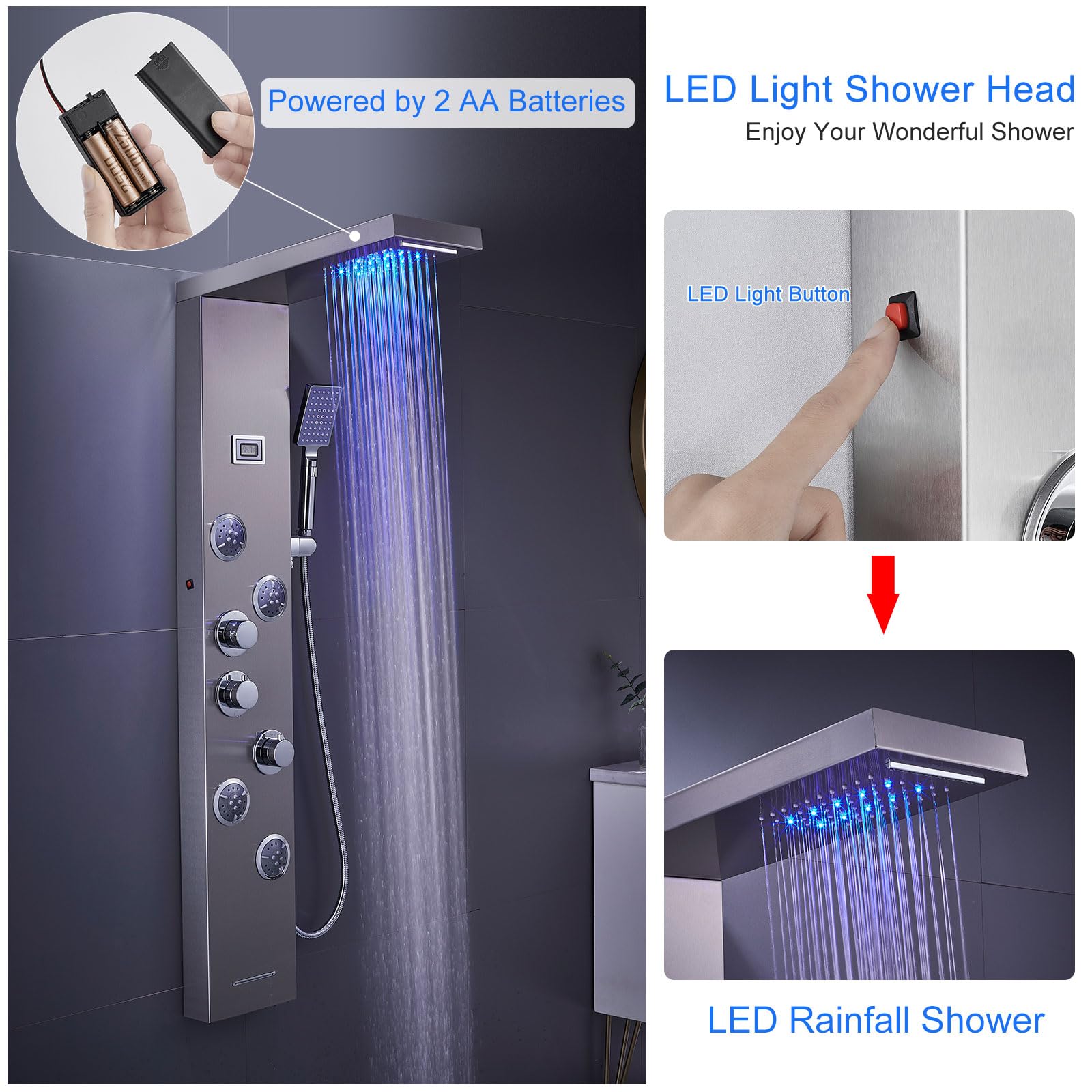 6 in 1 Stainless Steel LED Shower Panel Tower System with Rainfall Showerhead, Waterfall, Massage Jets, Tub Spout & Handheld - MENATT Brushed Finish for Luxurious Bathroom Upgrade | Perfect for Spa-Like Experience at Home
