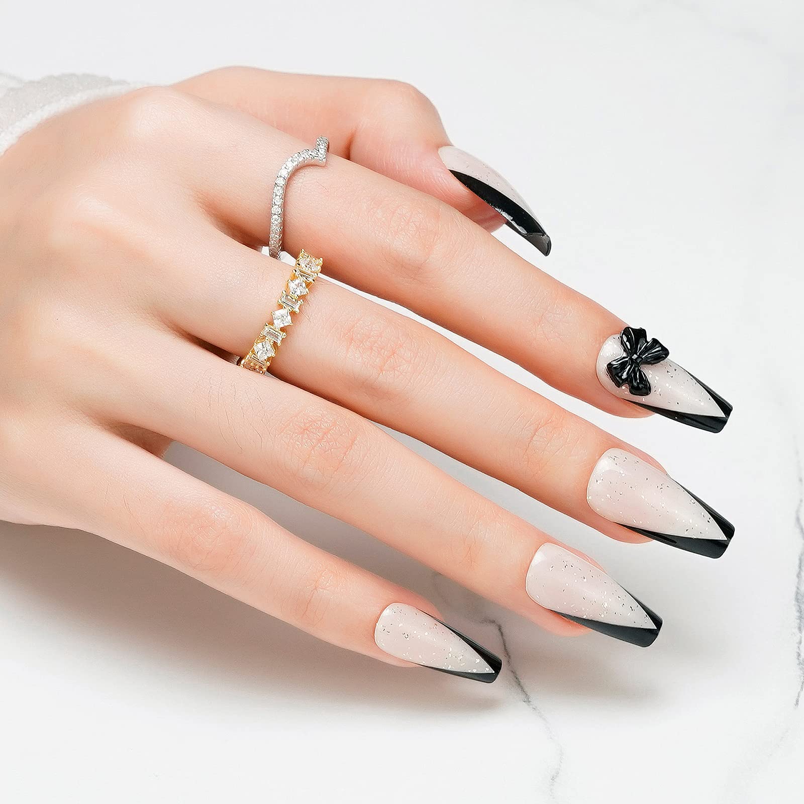 Jofay Fashion Black French Tip Press on Nails - Medium Length Acrylic Fake Nails with Glue, 24pcs Reusable Stick on Nails for Women & Girls - Black Coffin French Design for Parties, Weddings & Daily Wear