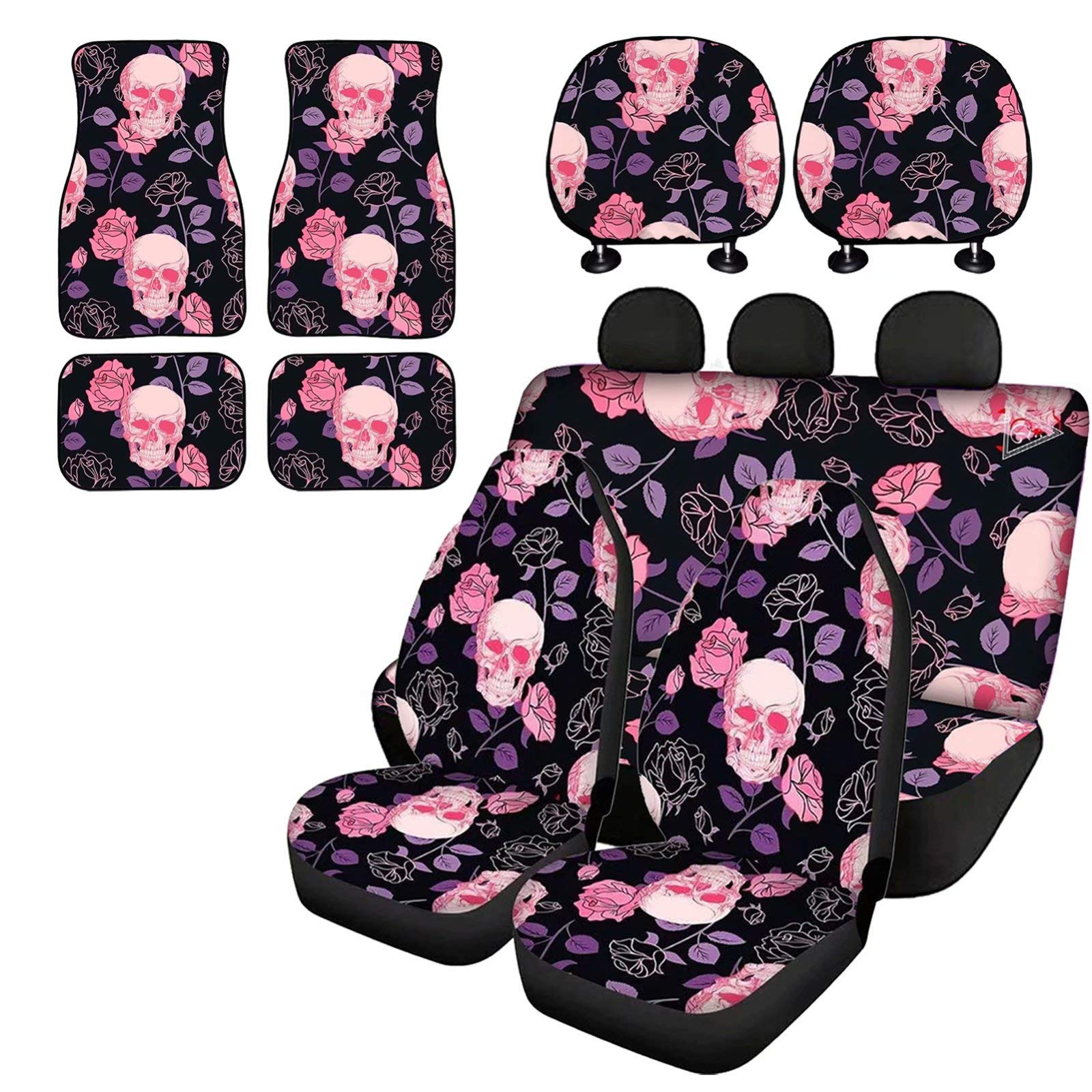 Pensura Automotive Car Seat Covers Set - Pink Skull Flower Pattern Breathable Mesh Seat Protectors with Headrest Covers & Floor Mats for Most Cars, Trucks, Vans & SUVs | Perfect for Road Trips, Daily Commutes & Family Travel