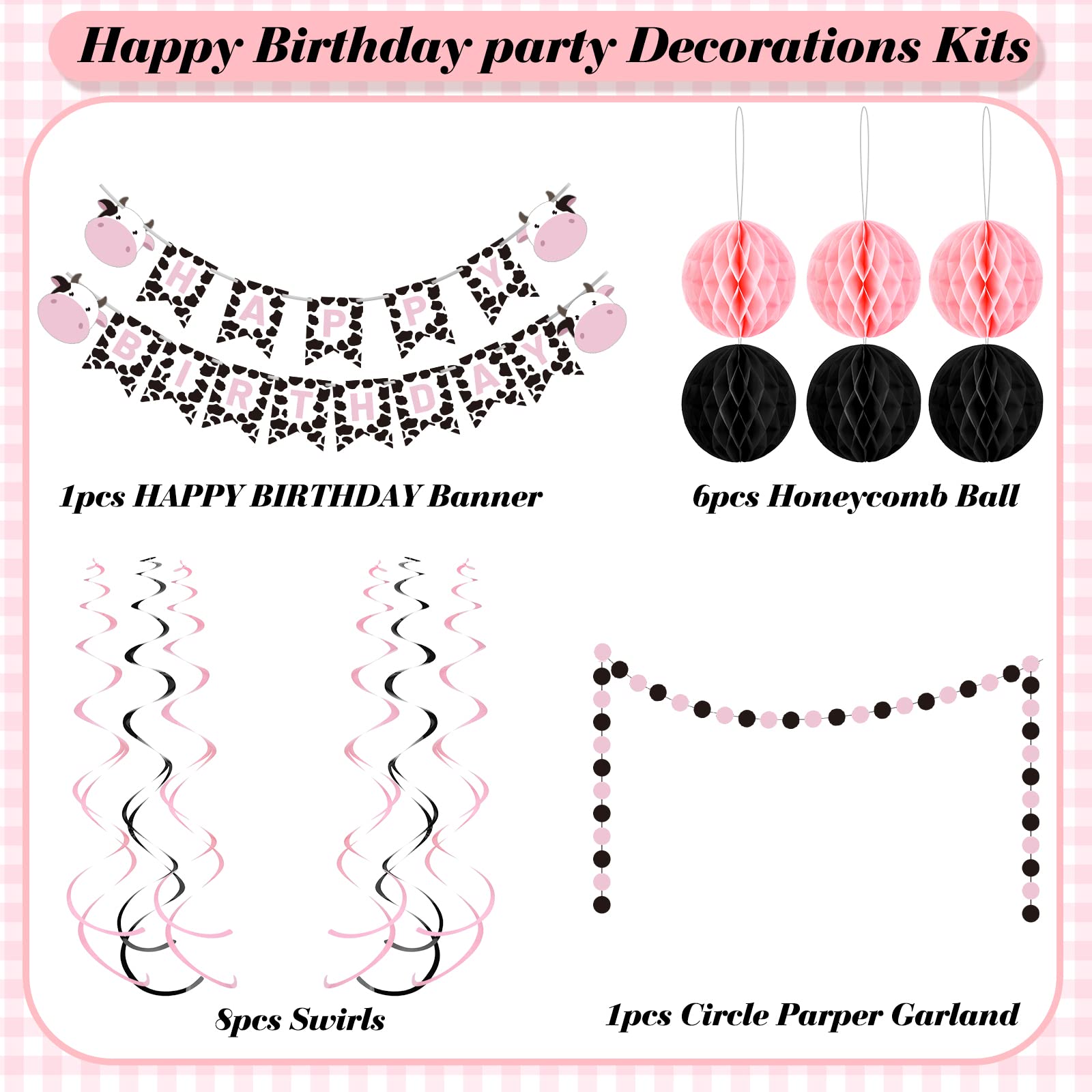 Pink Cow Themed Party Decorations Supplies - Happy Birthday Banner, Hanging Swirls, Round Paper Garland, Honeycomb Balls for Baby Showers, Kids Birthday & Farm Animal Ceiling Decor