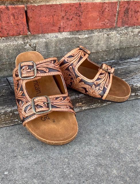 American Darling Tooled Double Buckle Sandals - Handcrafted Leather Women's Casual Shoes for Summer Outfits & Boho Style | Perfect for Beach, Vacation, and Everyday Wear
