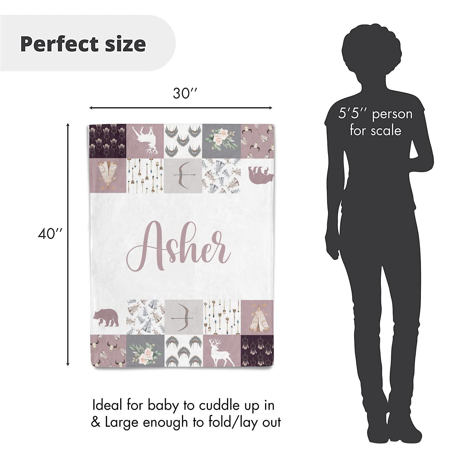Personalized Deer Faux Patchwork Quilt - Custom Name Baby Blanket for Newborns, Girls & Boys - 30x40 Inch Swaddle Blanket Gift for Crib & Nursery - Perfect for Baby Showers, Christenings & First Birthdays