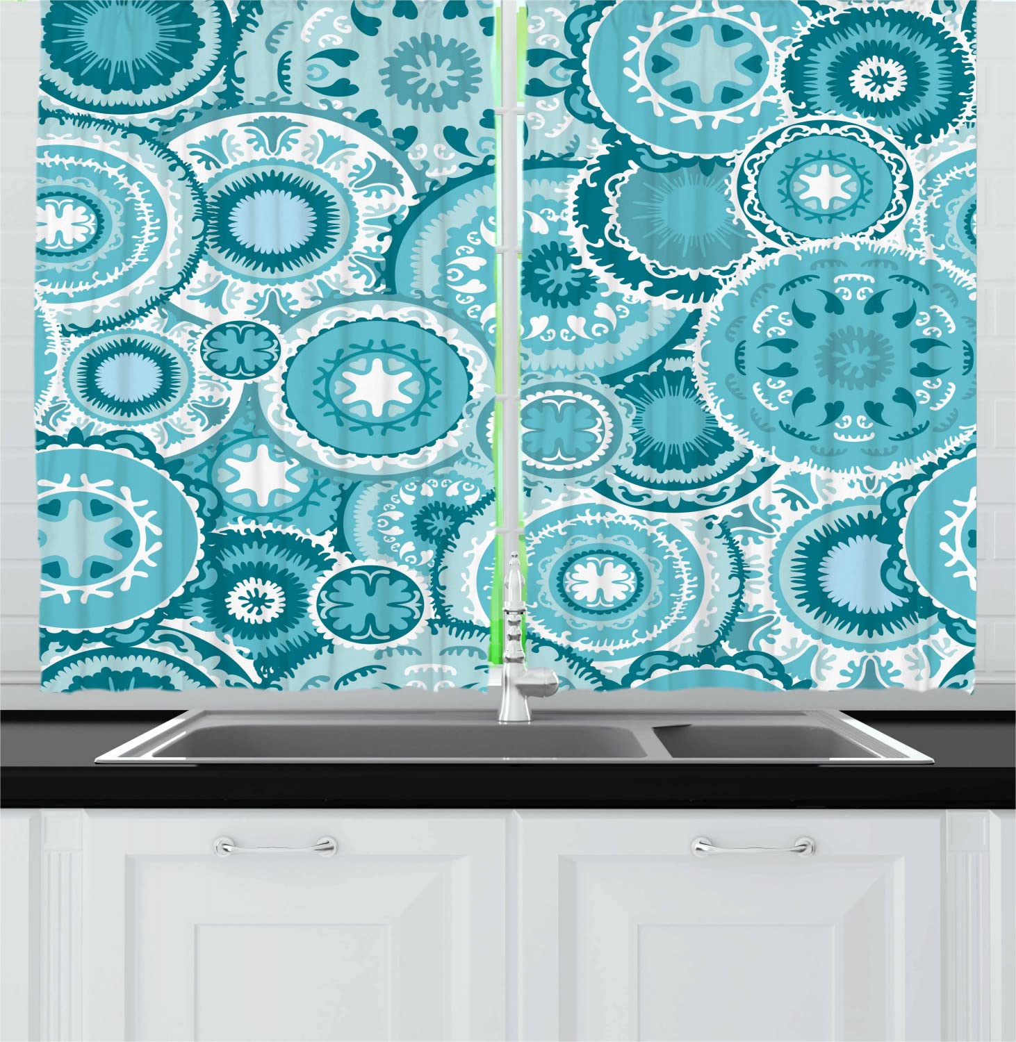 Ambesonne Aqua Long Kitchen Curtains - Bohemian Floral Leaves Mandala Pattern, Traditional Design with Rod Pocket, 55