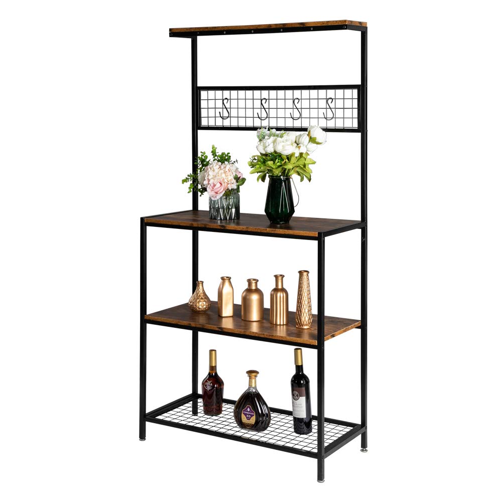 4-Tier Industrial Kitchen Bakers Rack with Wood Top - Microwave Stand with Storage Shelves & 10 Hooks - Rustic Brown/Black Utility Shelf for Spices, Pots, Pans (33