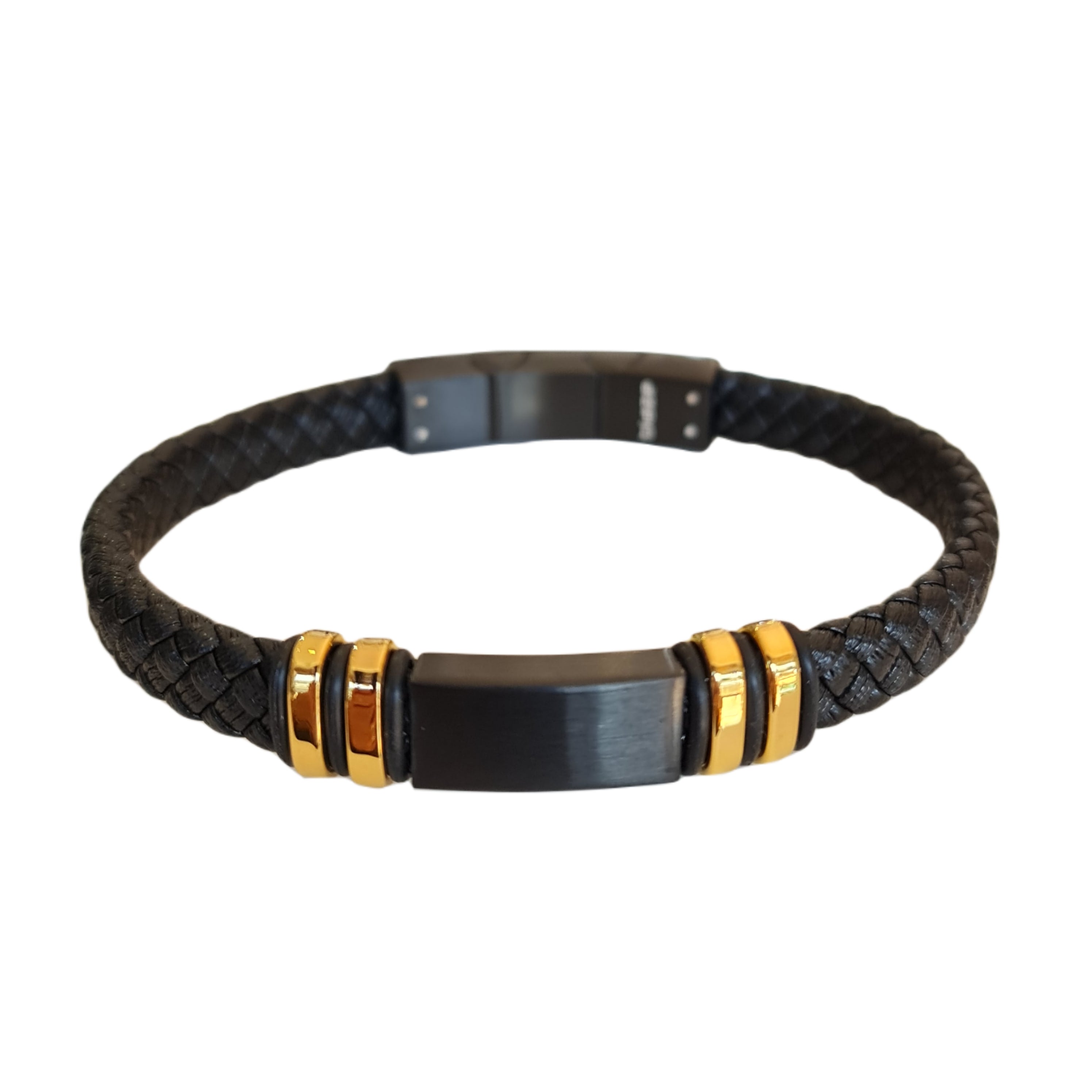 Arlo Men's Leather & Stainless Steel Bracelet - Black & Gold Watch Band for Casual & Formal Wear | Water-Resistant Wristband for Business, Date Night & Everyday Use