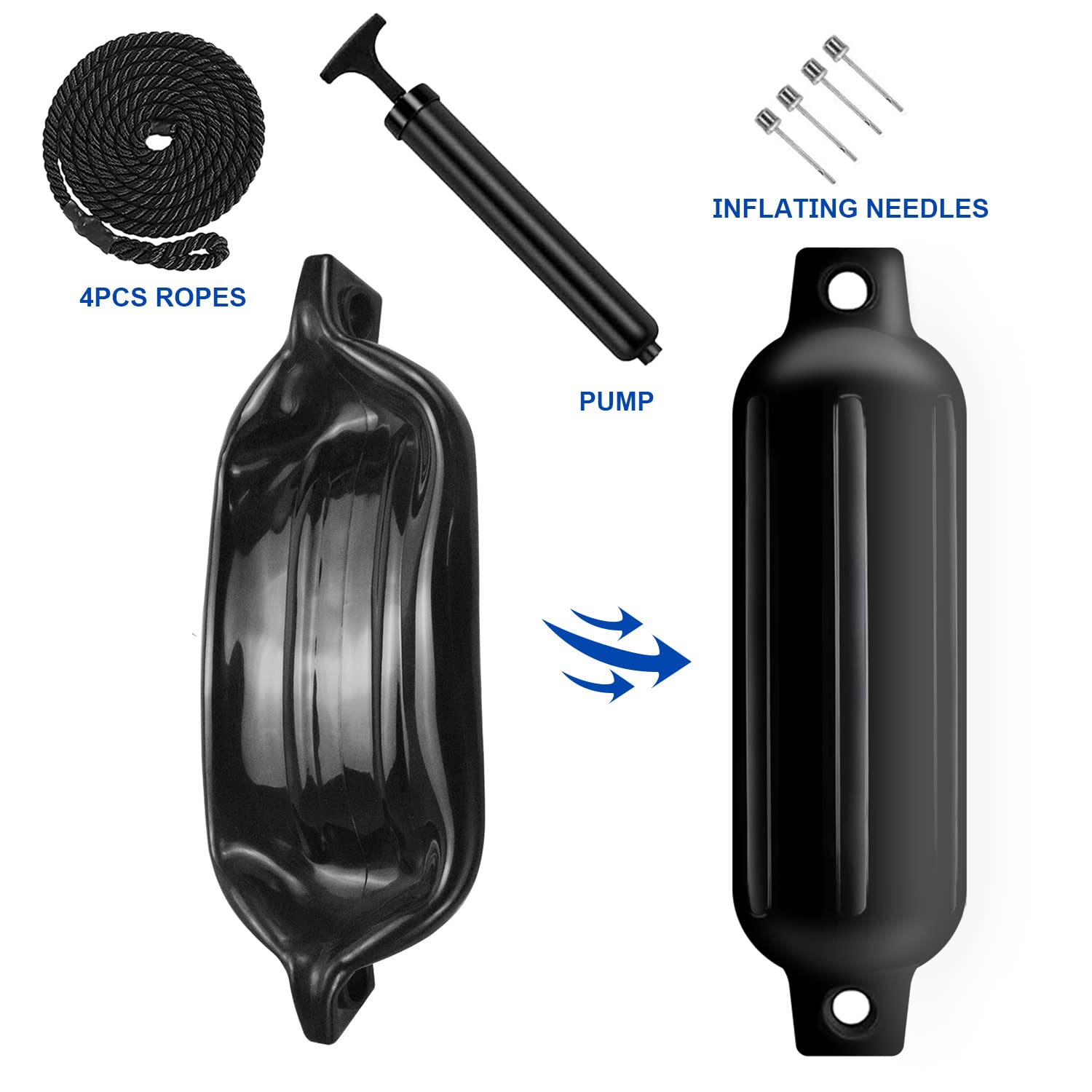 **4 Pack Inflatable Boat Fenders with Ropes & Pump - Heavy Duty Ribbed Marine Bumpers for Docking, Mooring & Boat Protection (Includes 4 Needles)** - Perfect for Yachts, Sailboats, and Dockside Safety