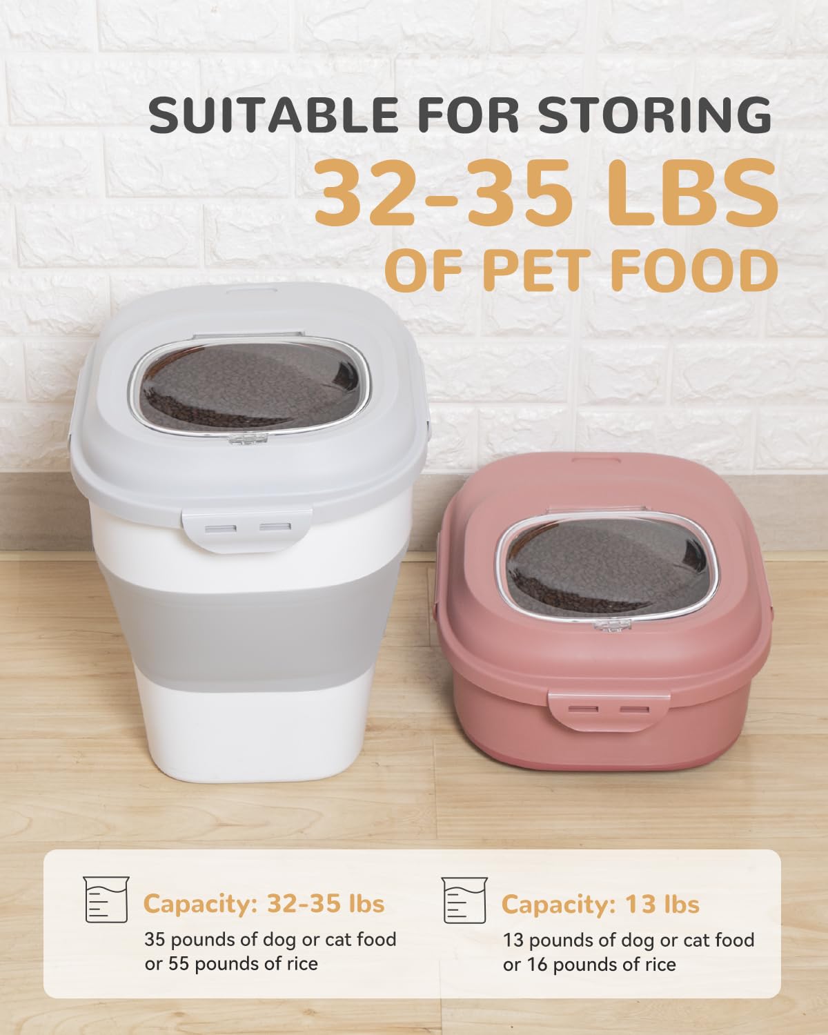 30-35 Lbs Collapsible Dog Food Storage Container with Airtight Lid, Wheels & Scoop - Includes 2 Bonus Food Storage Containers - Large Pet Food Bin for Dogs & Cats (Grey) - Ideal for Home, Kitchen, Garage & Travel Use