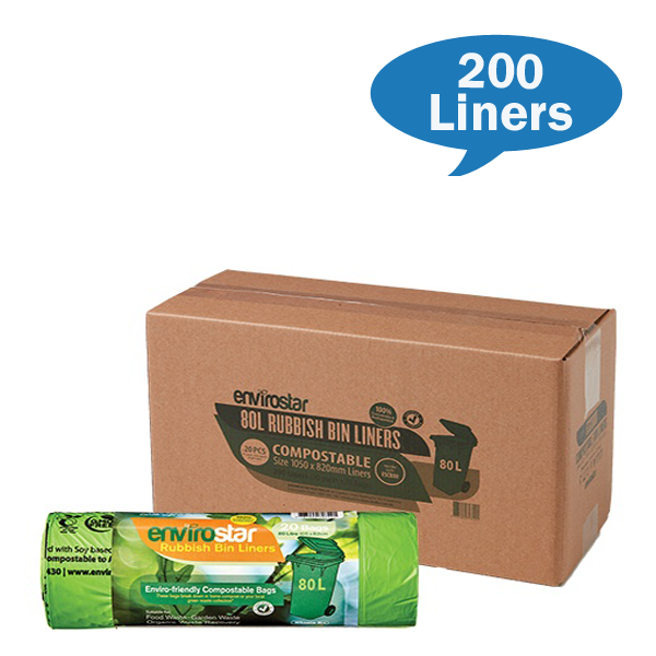 Eco-Friendly Envirostar 80L Compostable Trash Bags - 23 Micron Thick, Biodegradable Kitchen & Yard Waste Bags for Sustainable Home & Garden Use