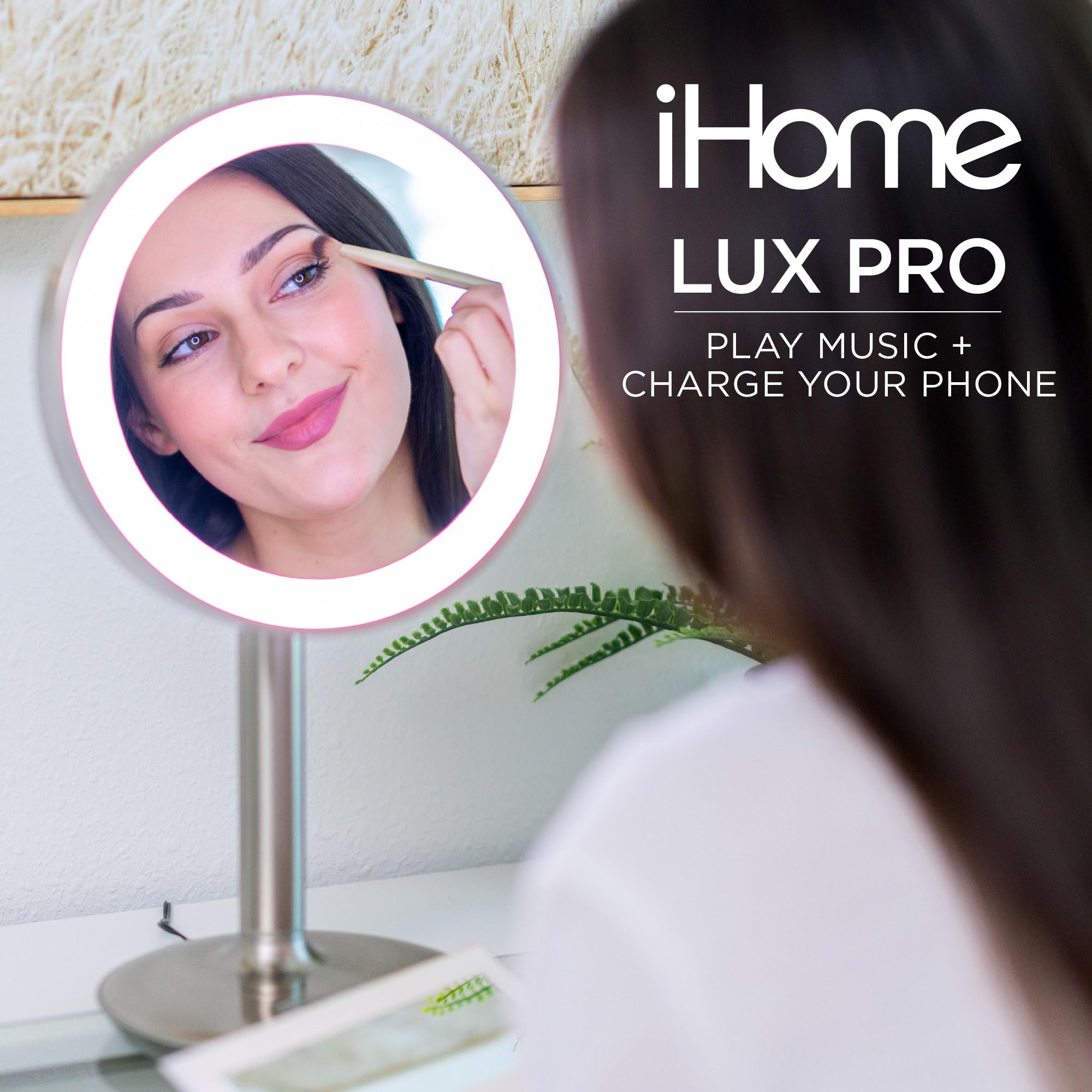 iHome Vanity Mirror with LED Lights & Bluetooth Speaker - Touch Control Makeup Mirror with USB Charging Port, 10X Magnification & Dimmable Lighting for Makeup Application, Skincare, Shaving - Perfect for Bedroom, Bathroom & Dressing Room (iCVBT82SN)