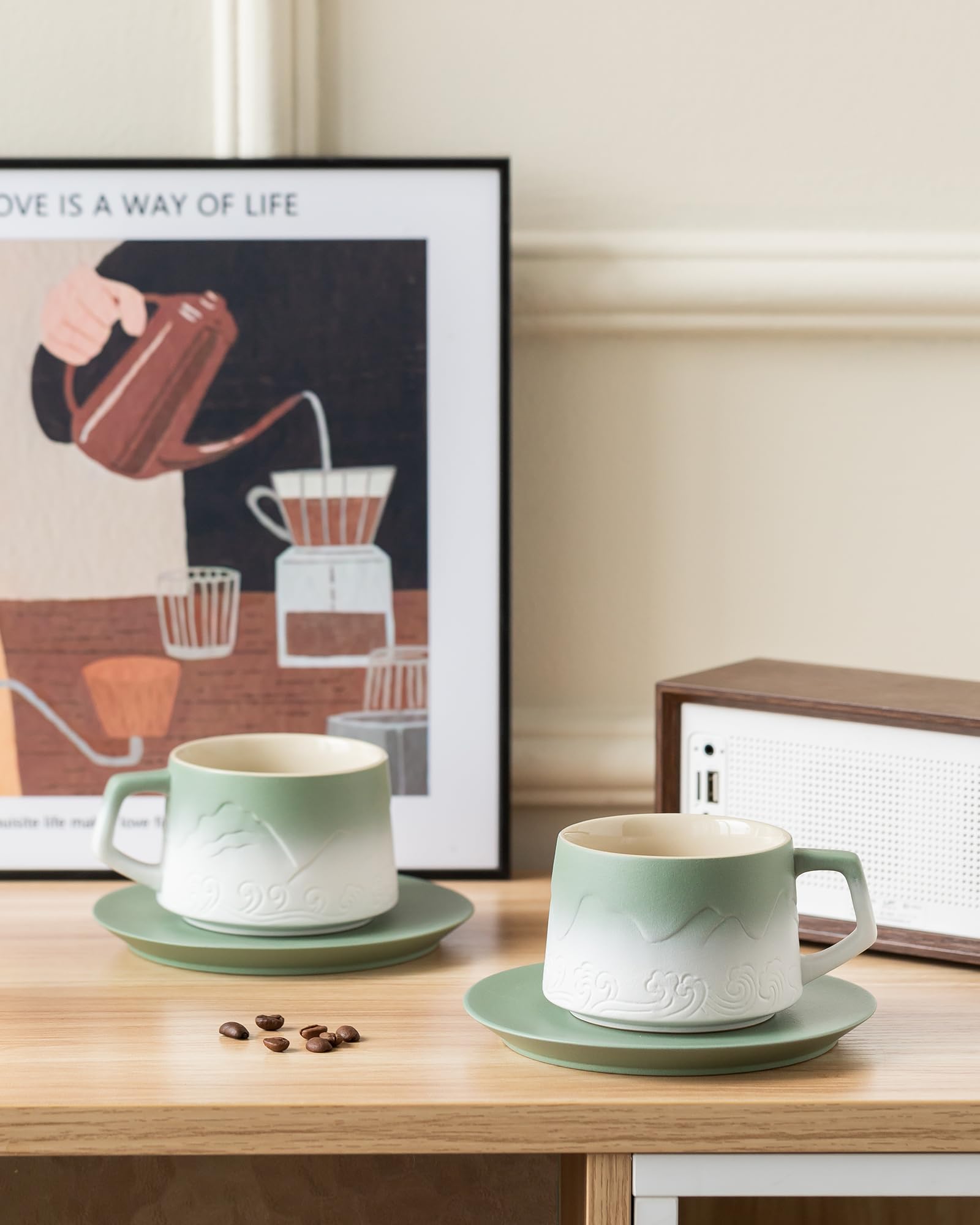 Premium 8oz Ceramic Cappuccino Cups Set of 2 with Saucers - Artistic Embossed Design for Latte Art, Perfect for Espresso, Au Lait, Matcha Tea - Moss Green & White Coffee Mugs - Ideal for Home Cafes, Gifts & Coffee Shops