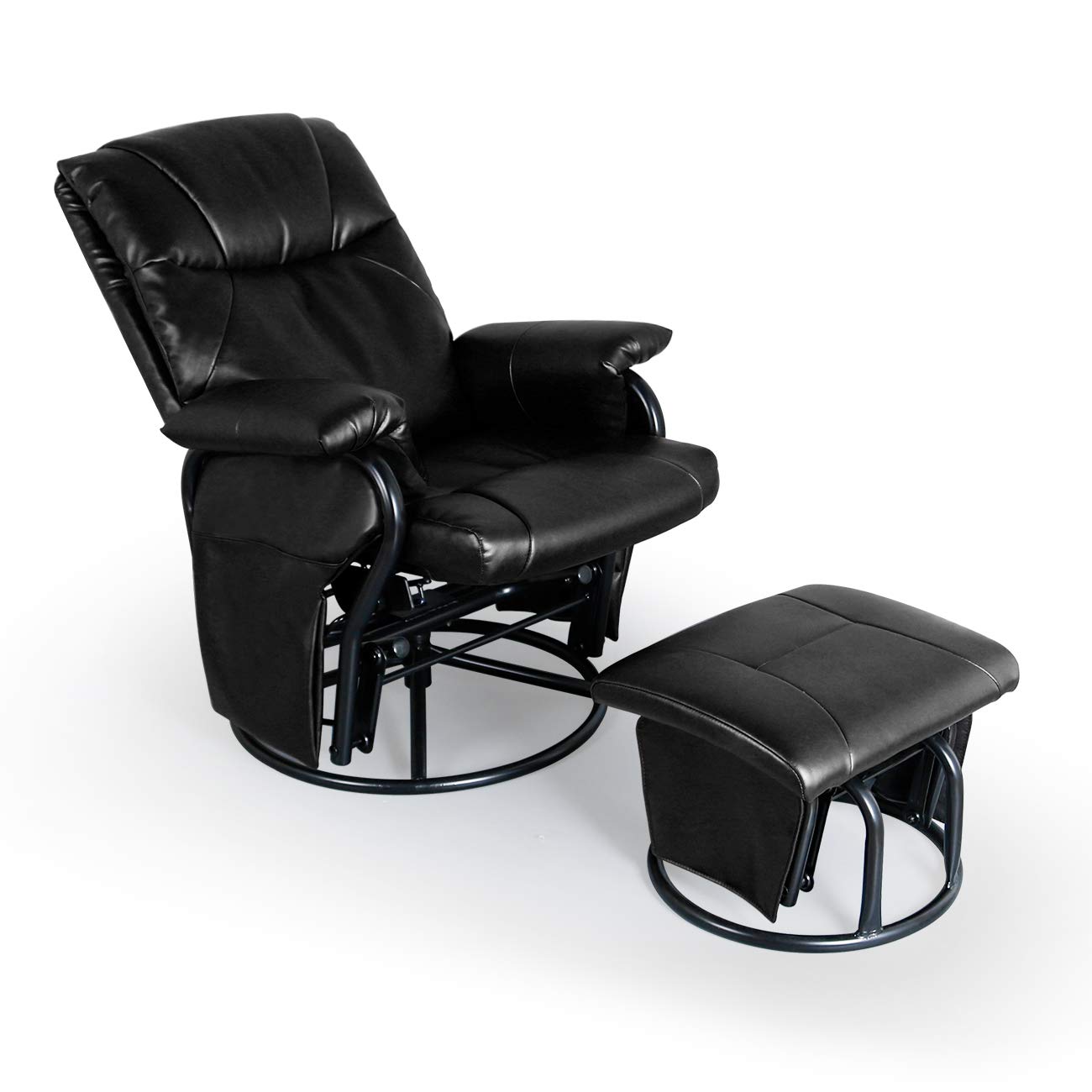 360° Swivel Glider Chair with Ottoman - PU Leather Rocking Recliner Lounge Chair Set for Living Room, Nursery & Patio (Black) - Comfortable Sliding Armchair for Relaxation & Nursing